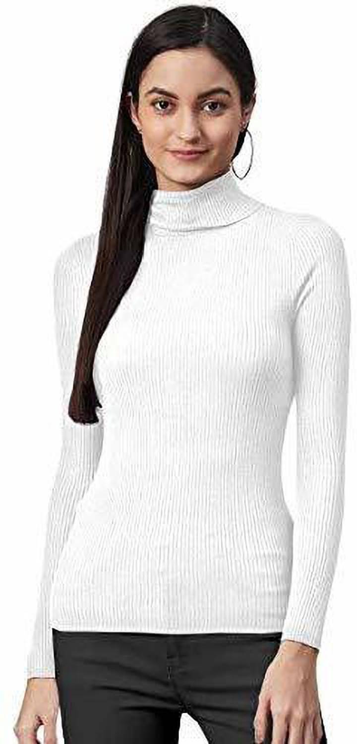 AMNOUR Self Design Turtle Neck Casual Women White Sweater