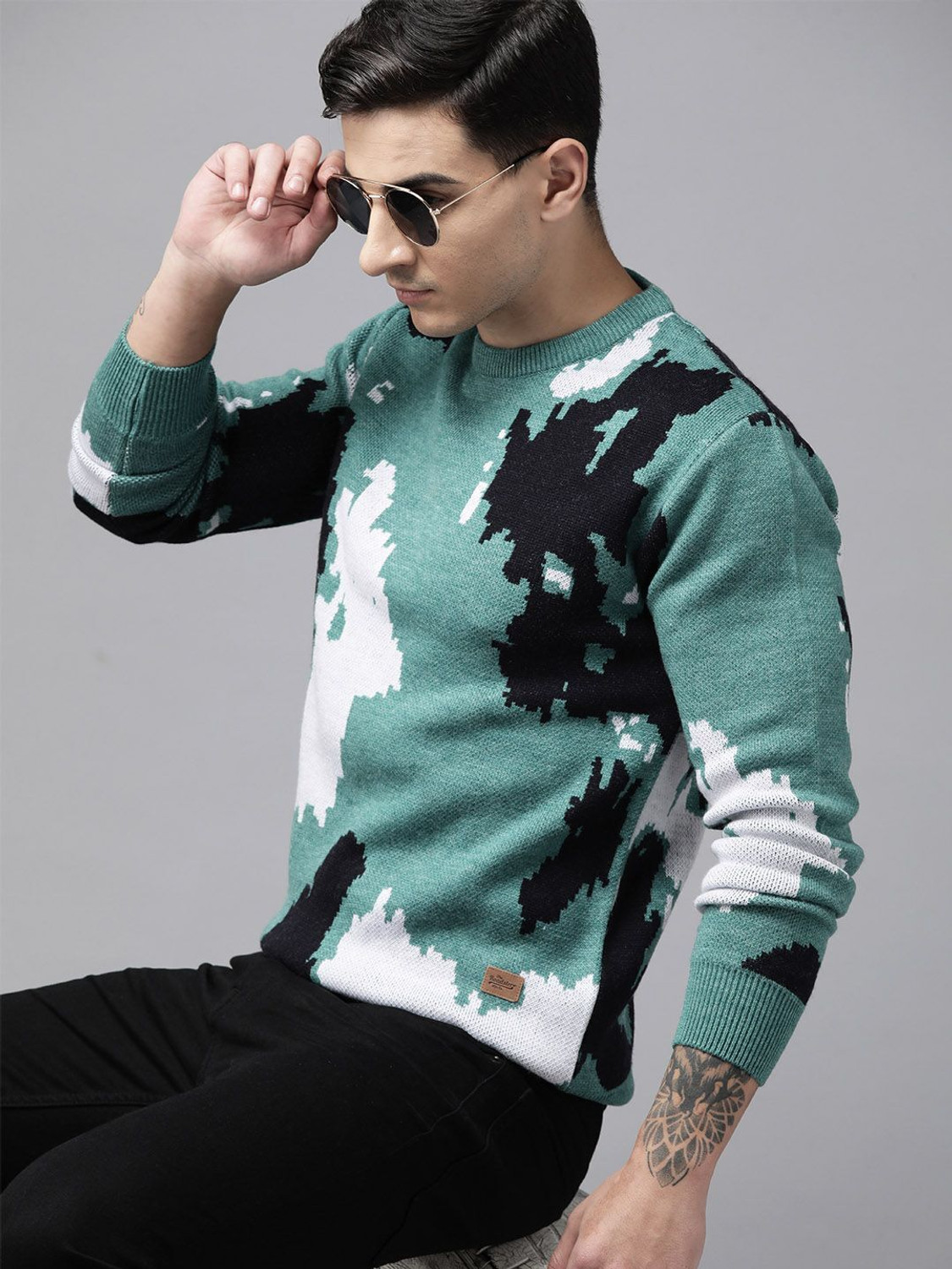 Image of Roadster Printed Round Neck Casual Men White Sweater