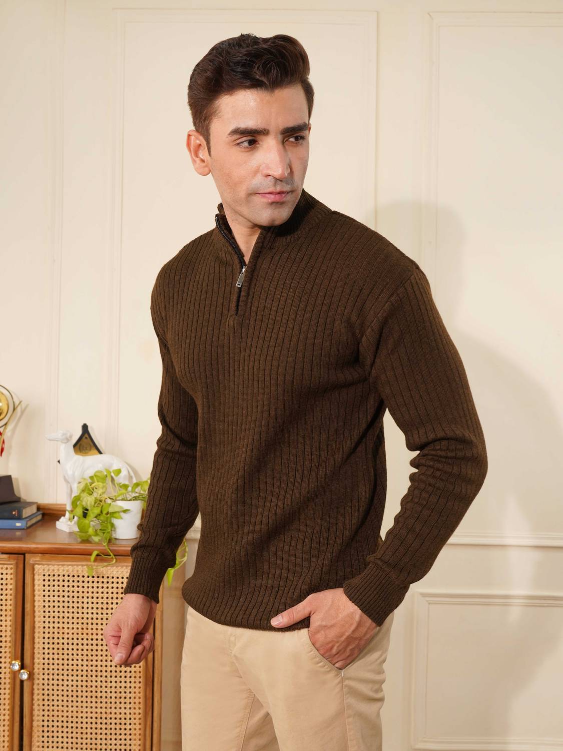 KVETOO Men Brown Solid Collared Neck Sweater - Image 4