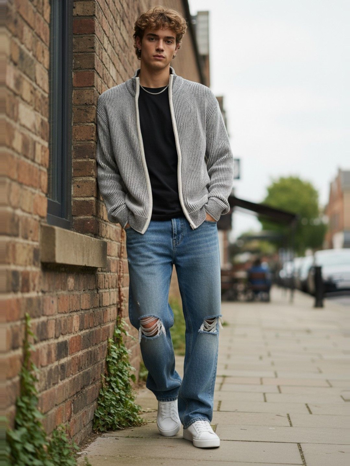 Image of Glitchez Self Design Collared Neck Casual Men Grey Sweater
