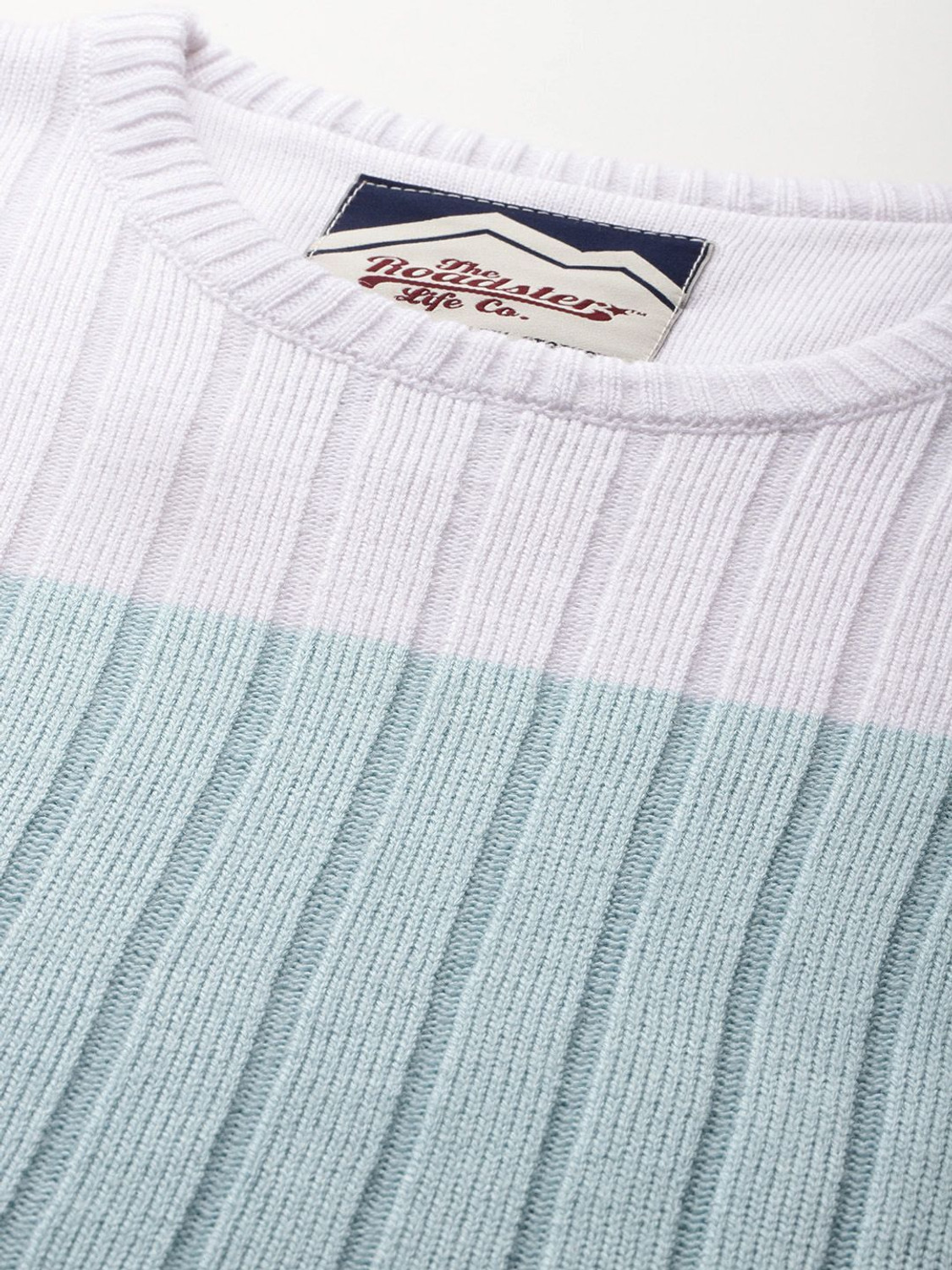 Image of Roadster Colorblock Round Neck Casual Men Blue Sweater