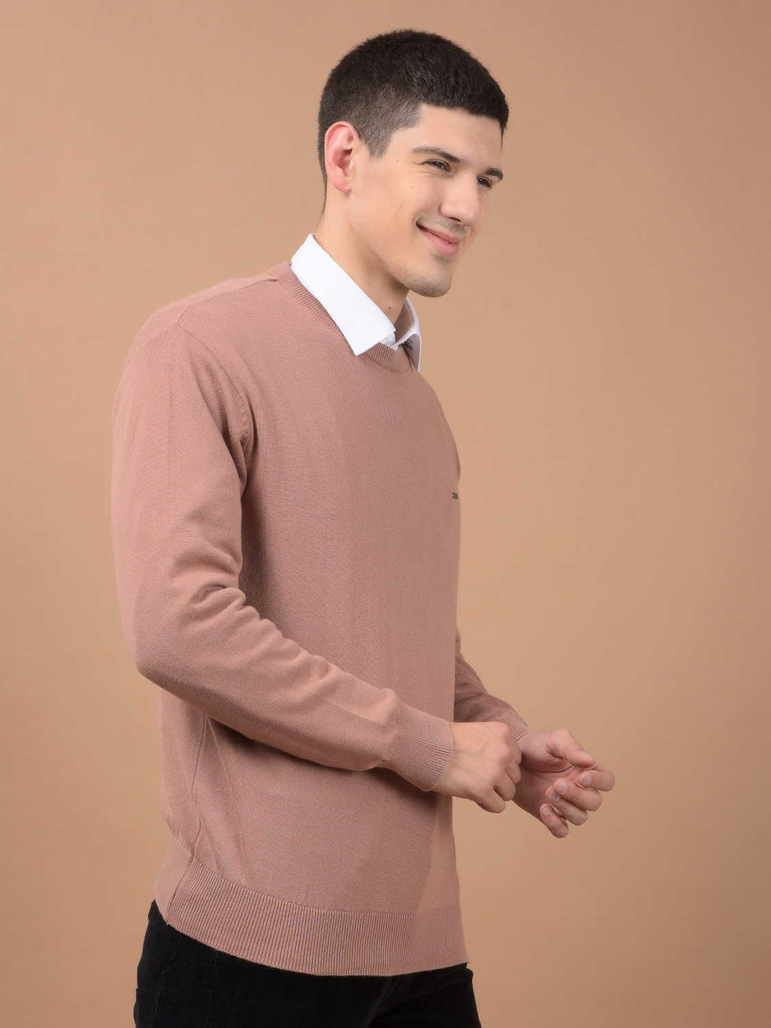 Image of CANTABIL Solid Round Neck Casual Men Pink Sweater