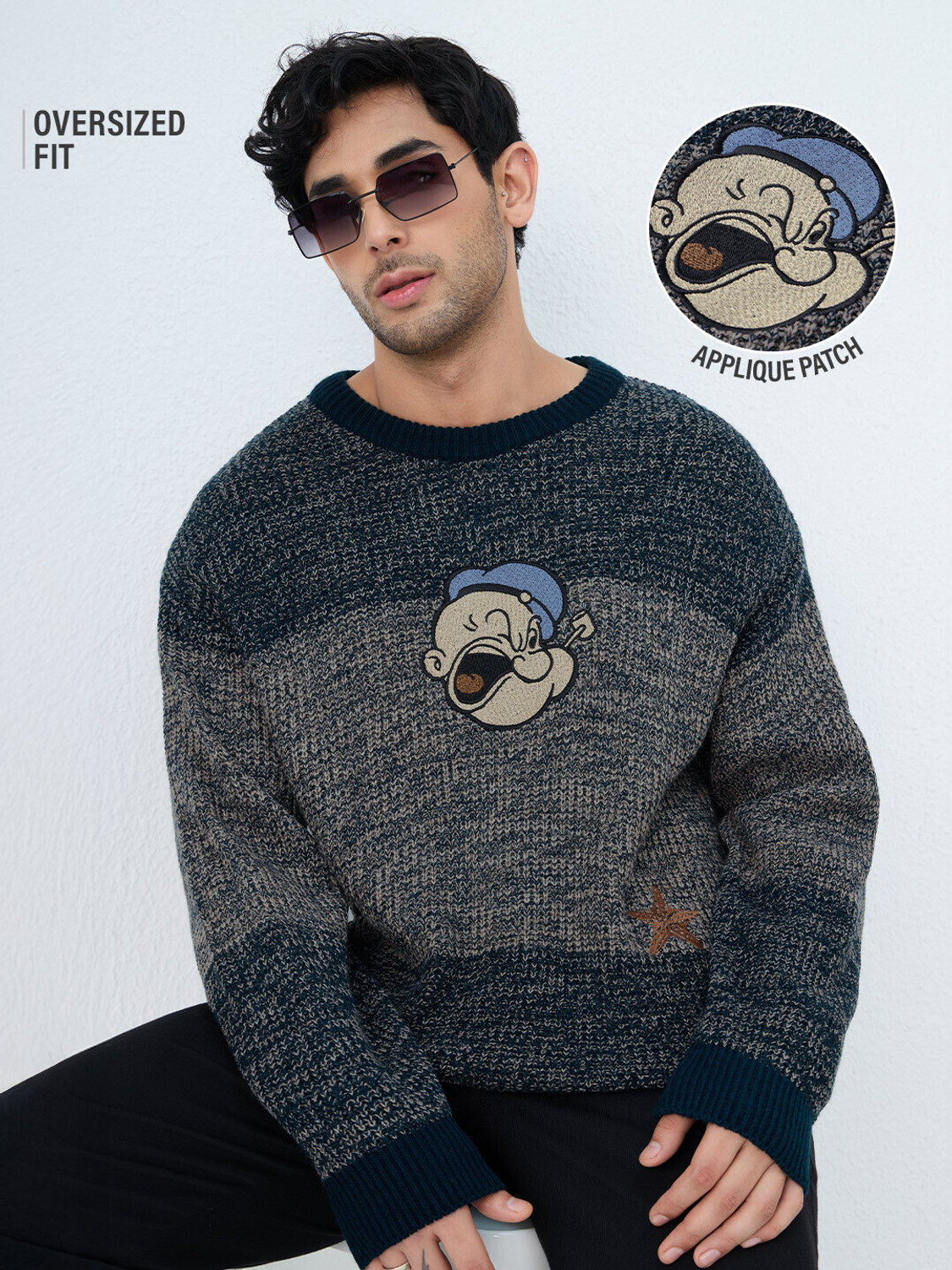 Image of The Souled Store Men Applique Round Neck Dark Blue Sweater