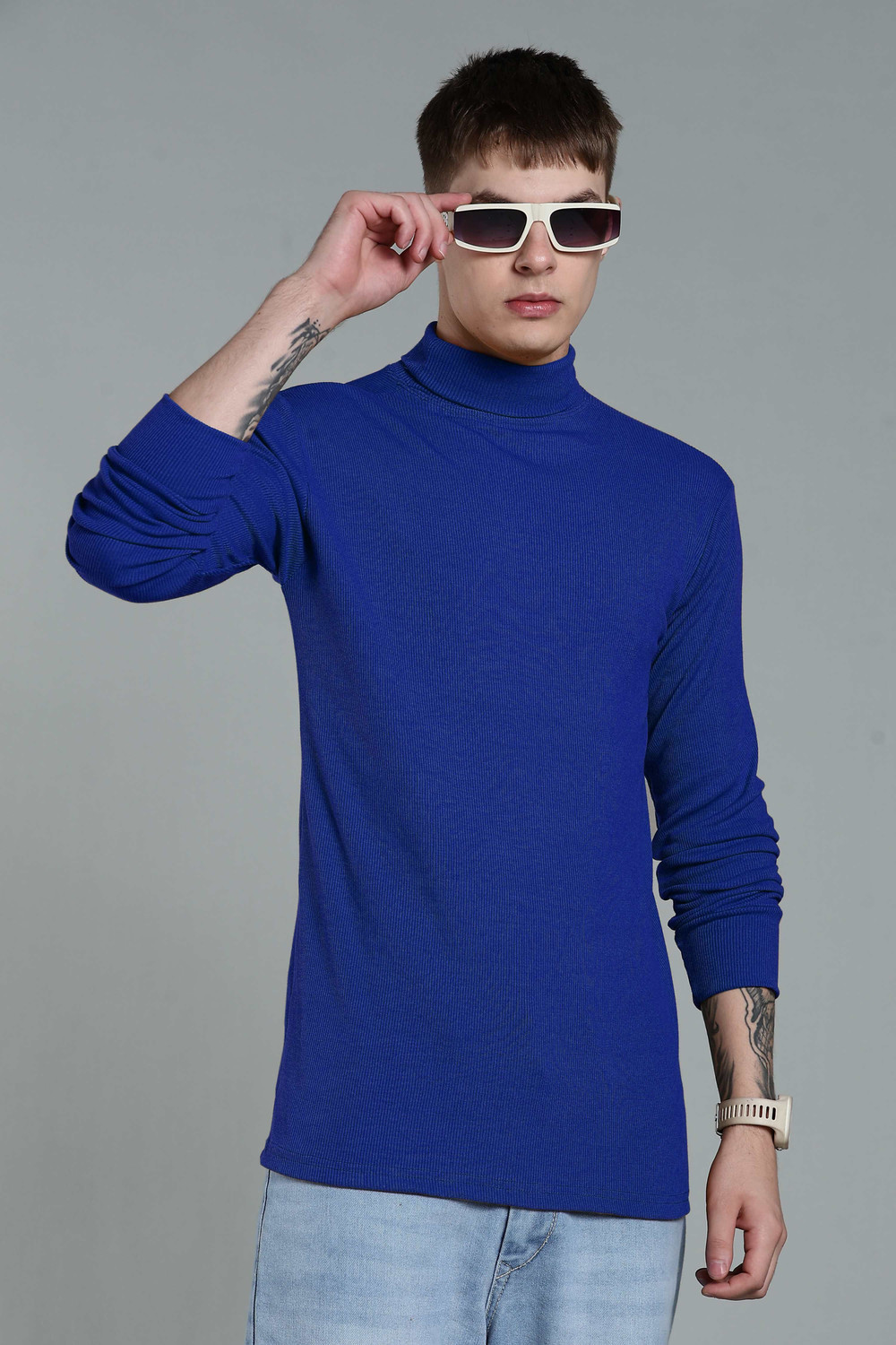 Image of Jalapeno Solid High Neck Casual Men Blue Sweater