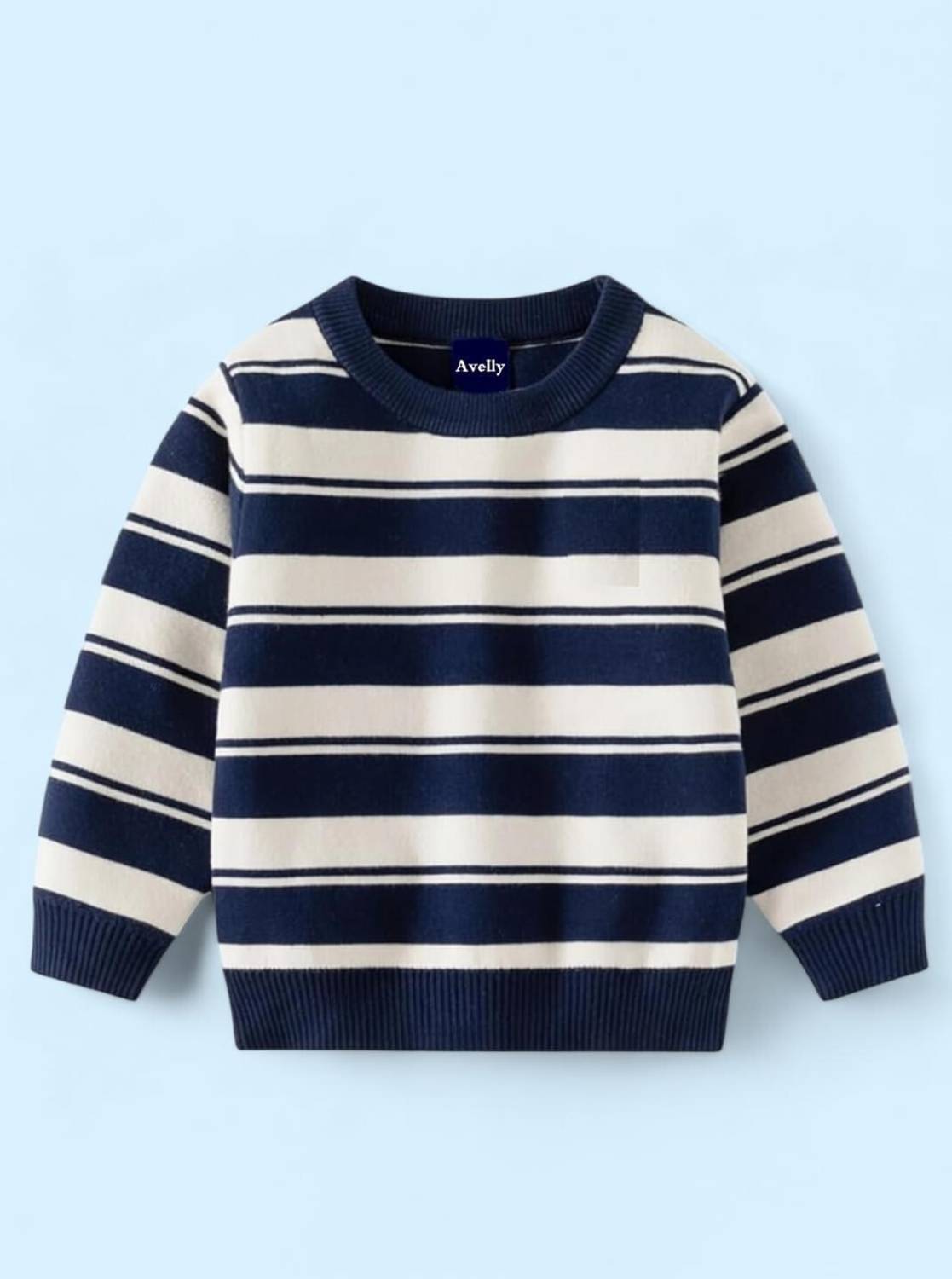 Avelly Striped Round Neck Casual Boys White, Blue Sweater