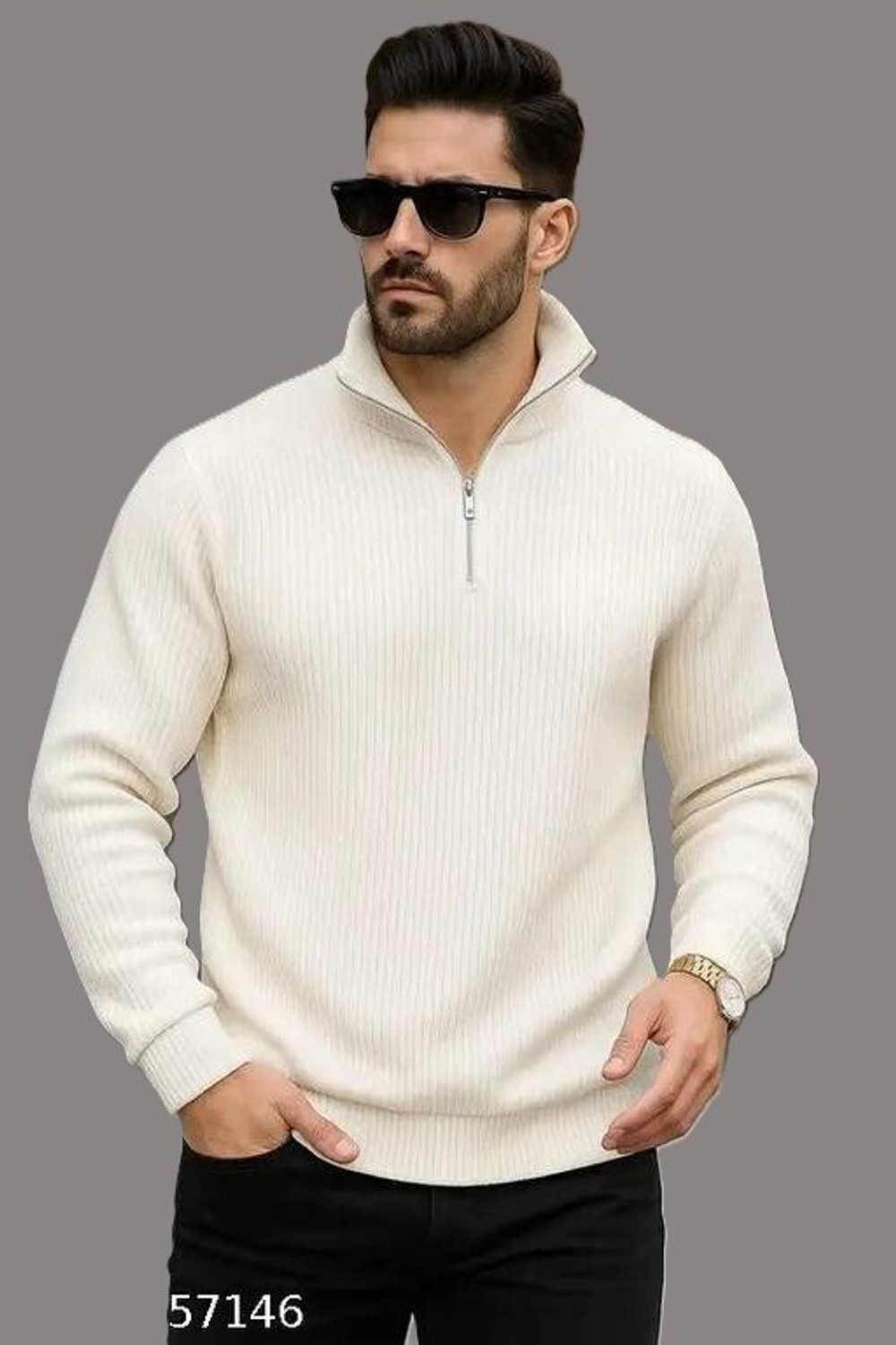 Image of SR Fashion Men Self Design High Neck White Sweater