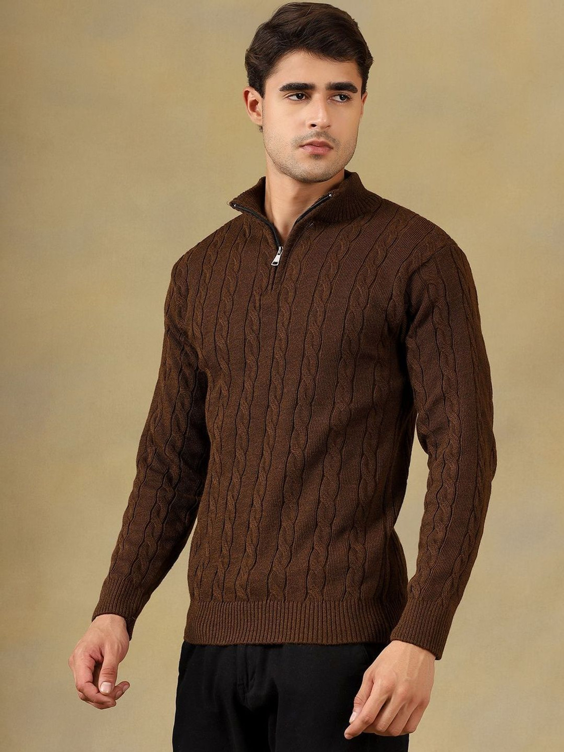 Image of Roadster Self Design High Neck Casual Men Brown Sweater