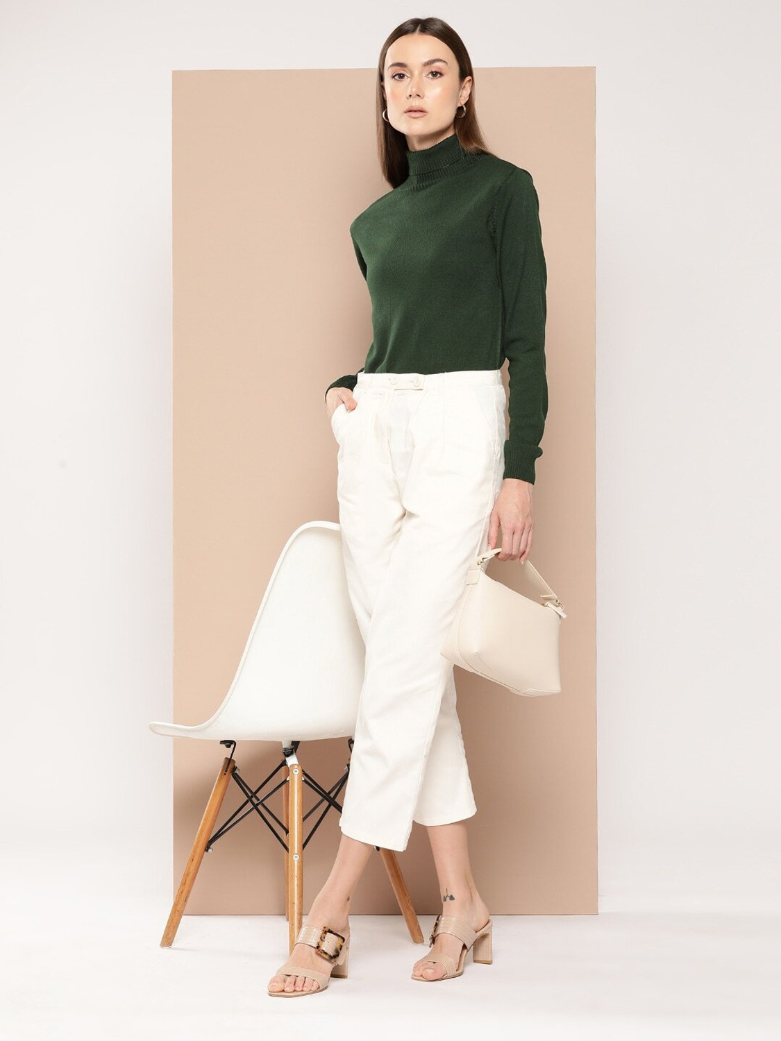 Image of her by invictus Solid Turtle Neck Casual Women Green Sweater