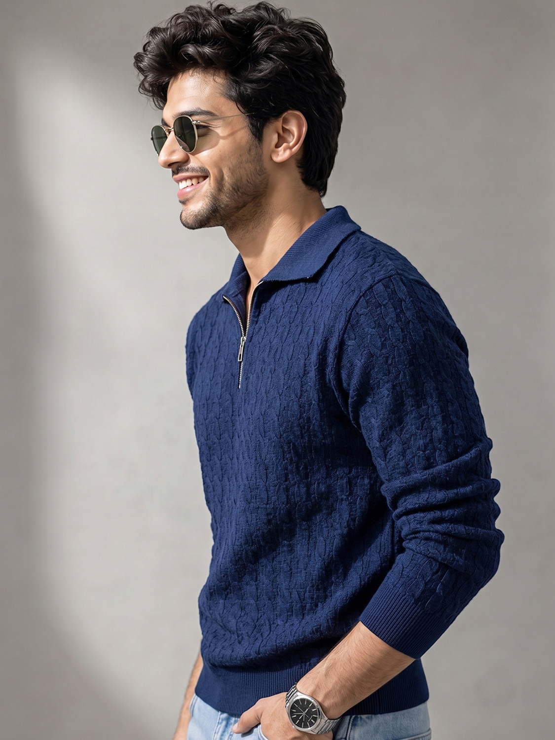 Image of ANM D1 Self Design Collared Neck Casual Men Blue Sweater