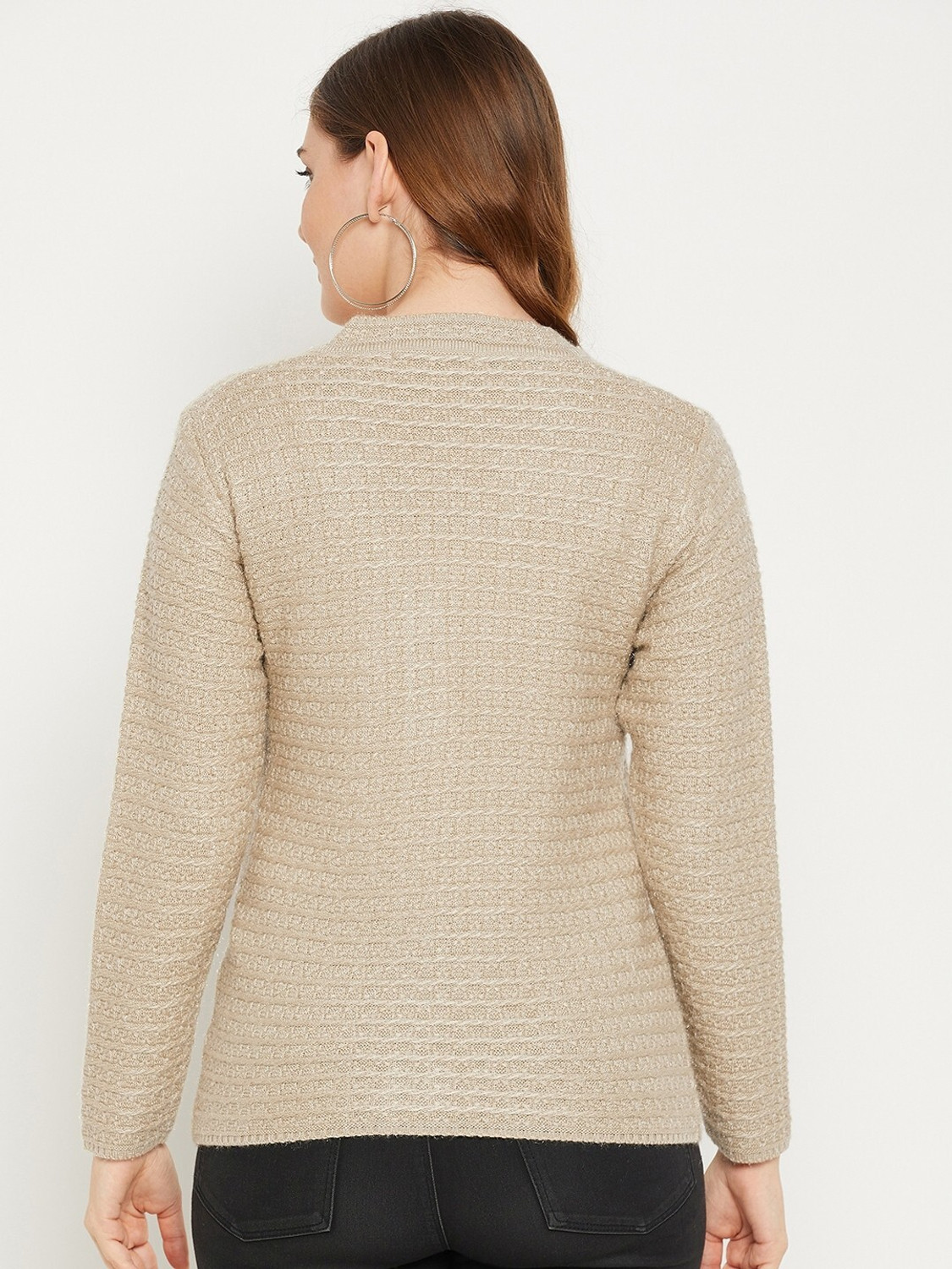 Image of Zigo Self Design V Neck Casual Women Beige Sweater