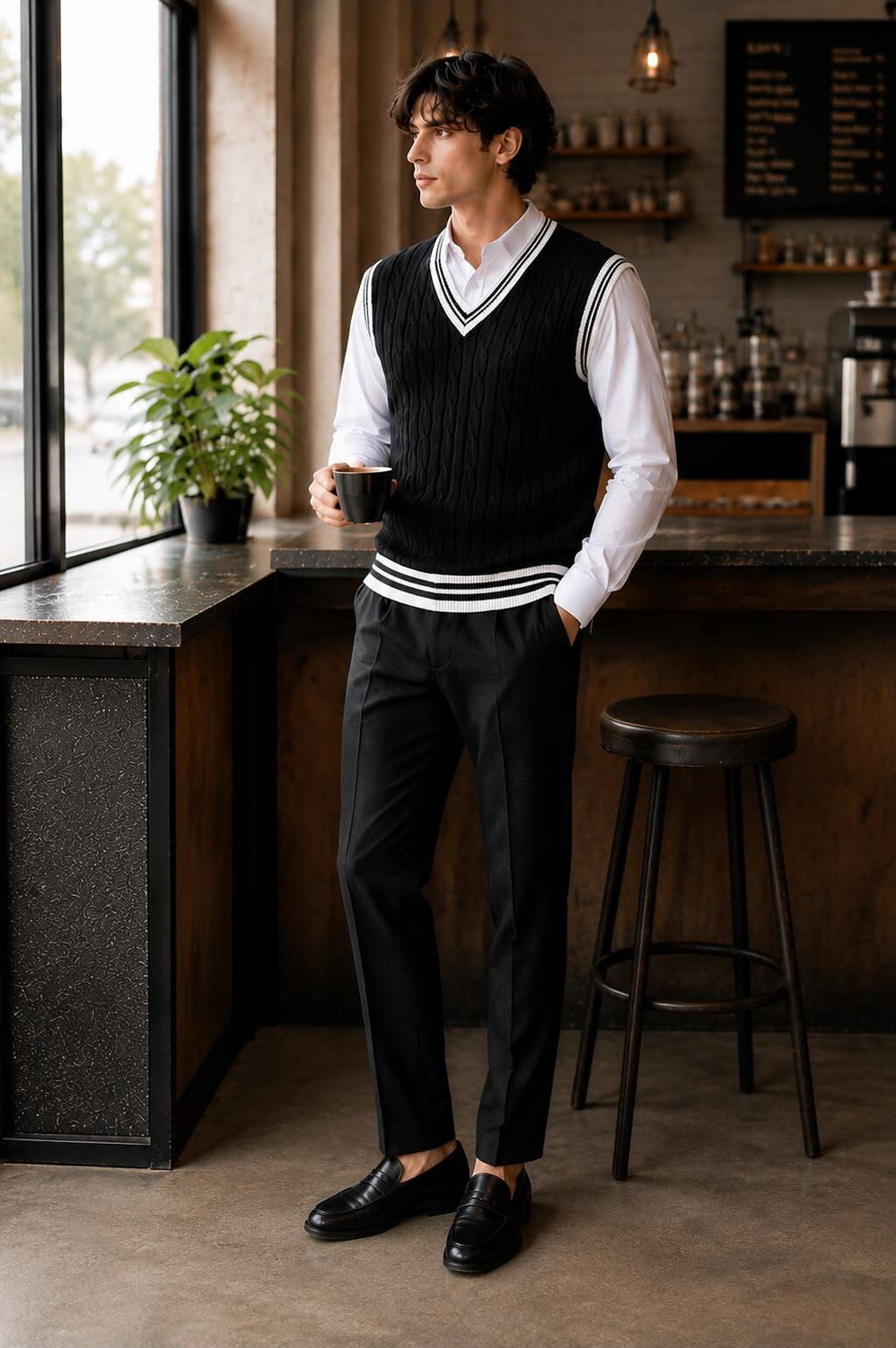 Image of KaramKar Self Design V Neck Casual Men Black Sweater