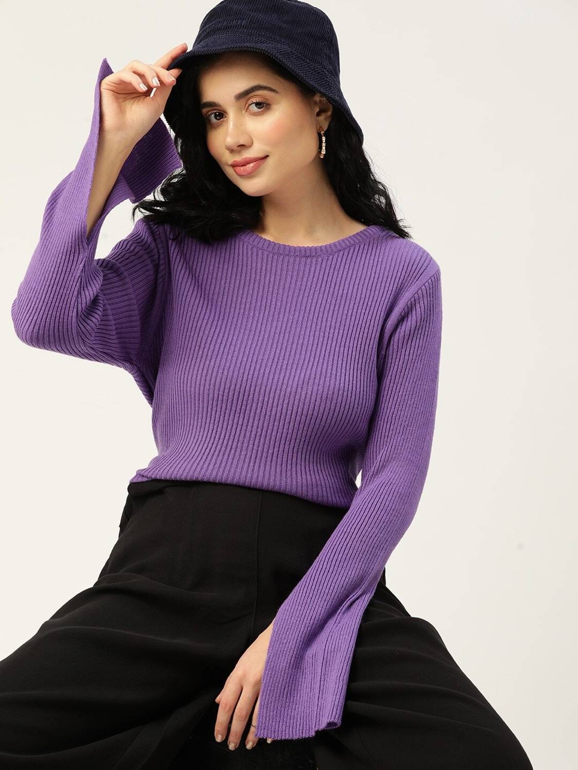 4WRD by Dressberry Printed Round Neck Casual Women Purple Sweater