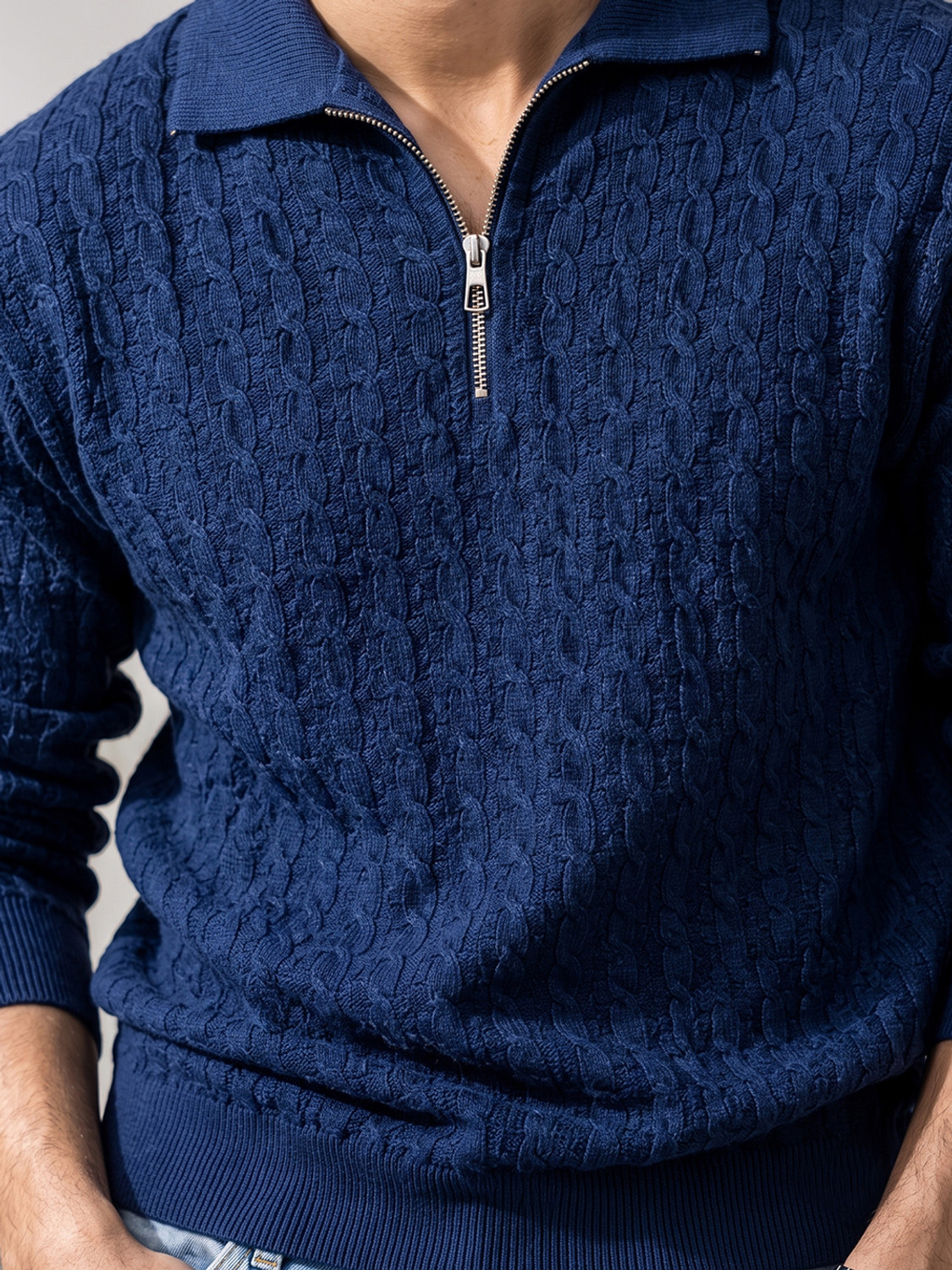 Image of ANM D1 Self Design Collared Neck Casual Men Blue Sweater