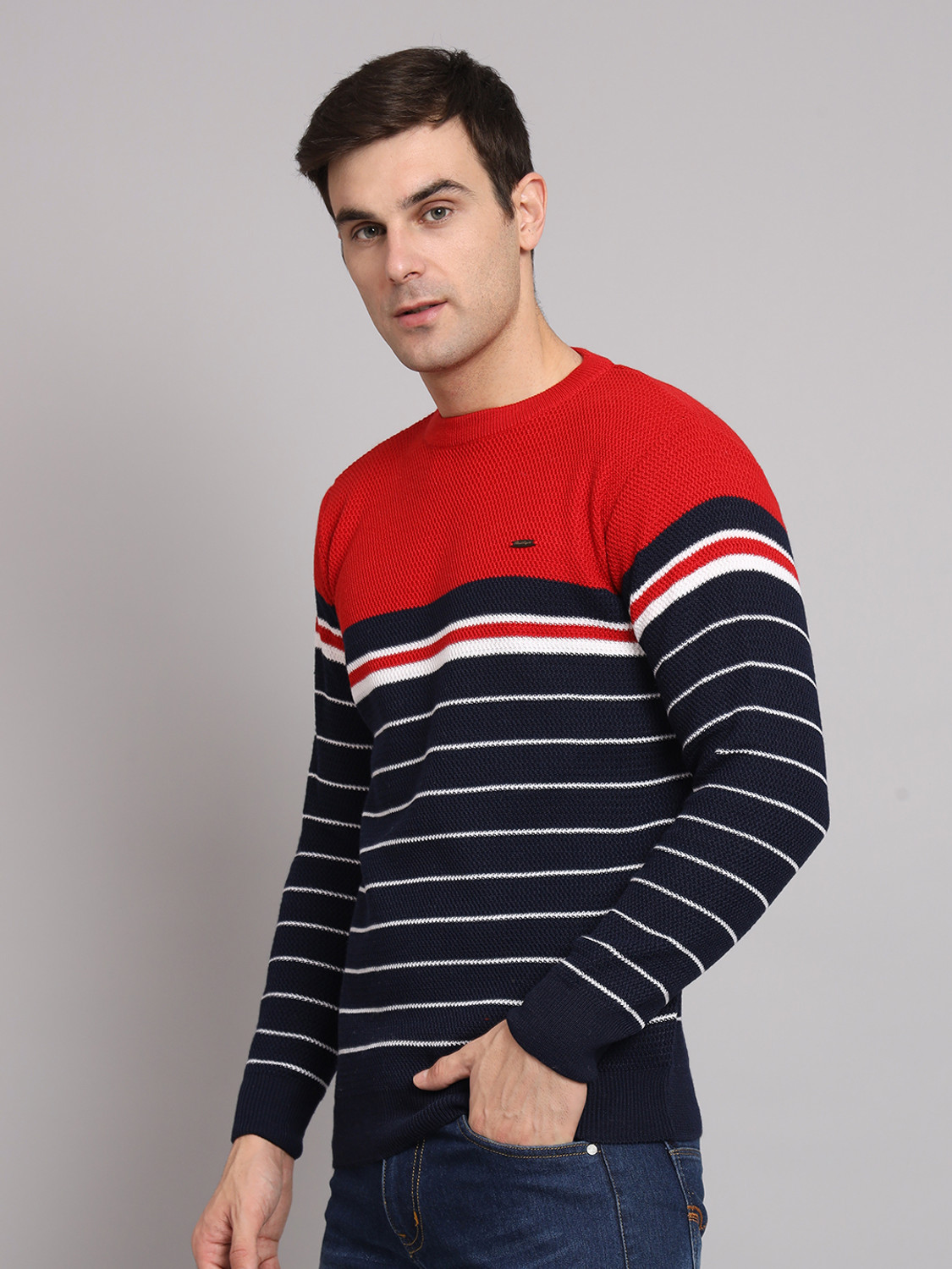 Image of eWools Striped Round Neck Casual Men Red Sweater