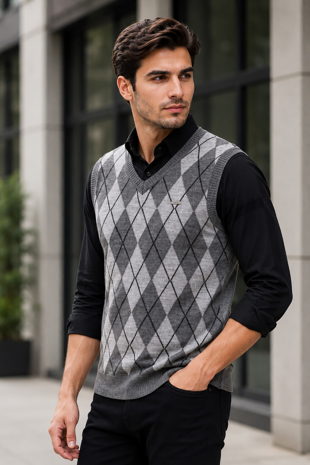 Image of GODFREY Men Checkered V Neck Grey Sweater