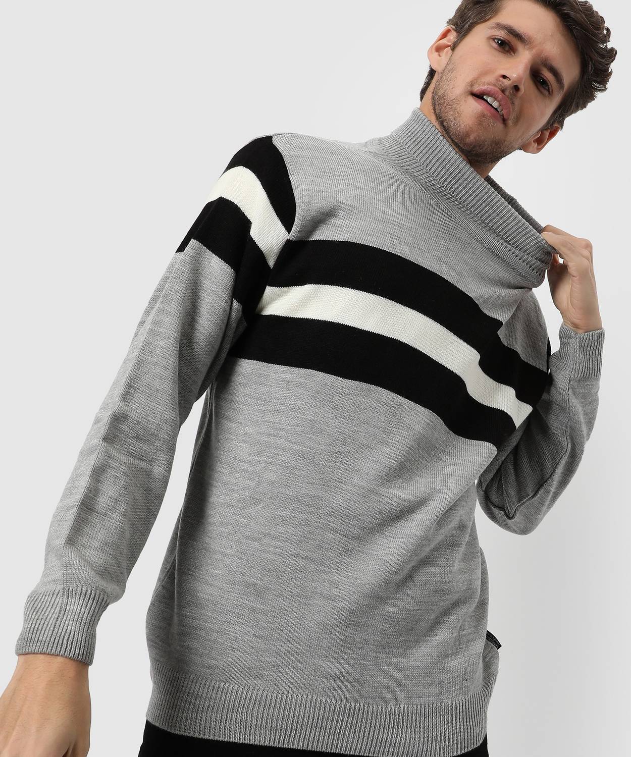 CAHOOT Striped Round Neck Casual Men Grey Sweater