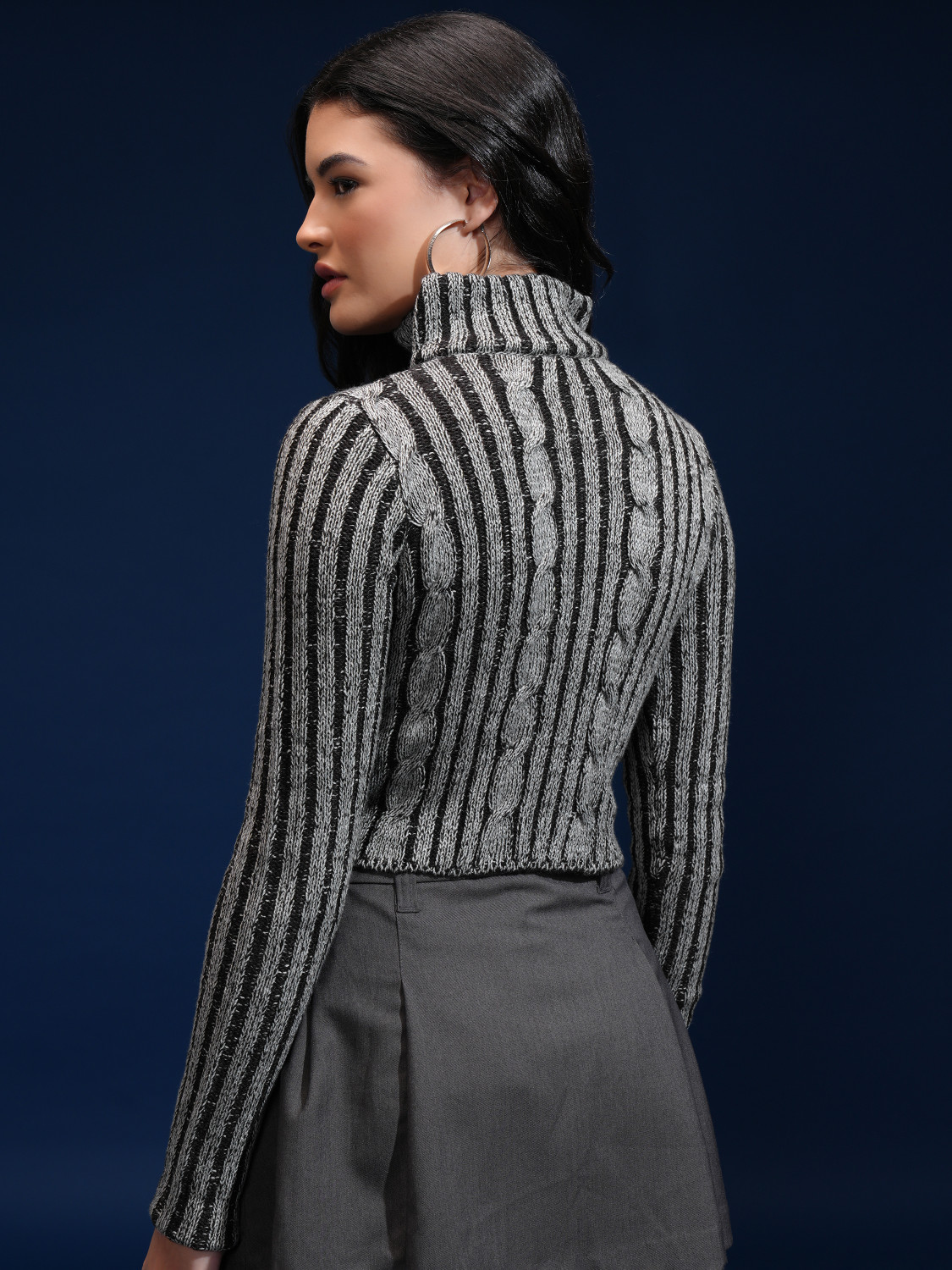 Image of Tokyo Talkies Self Design High Neck Casual Women Grey, Black Sweater