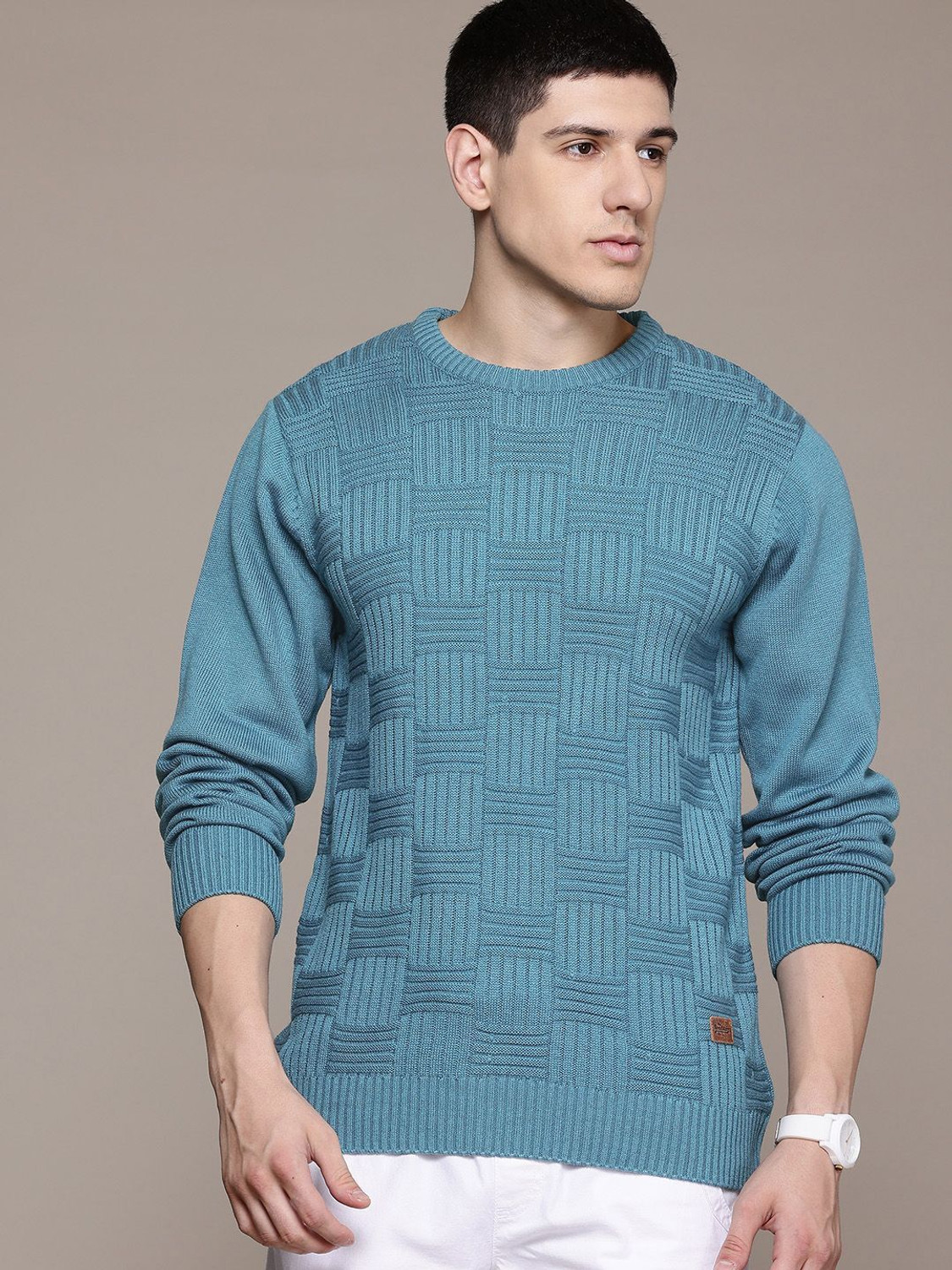 Image of Roadster Self Design Round Neck Casual Men Green Sweater