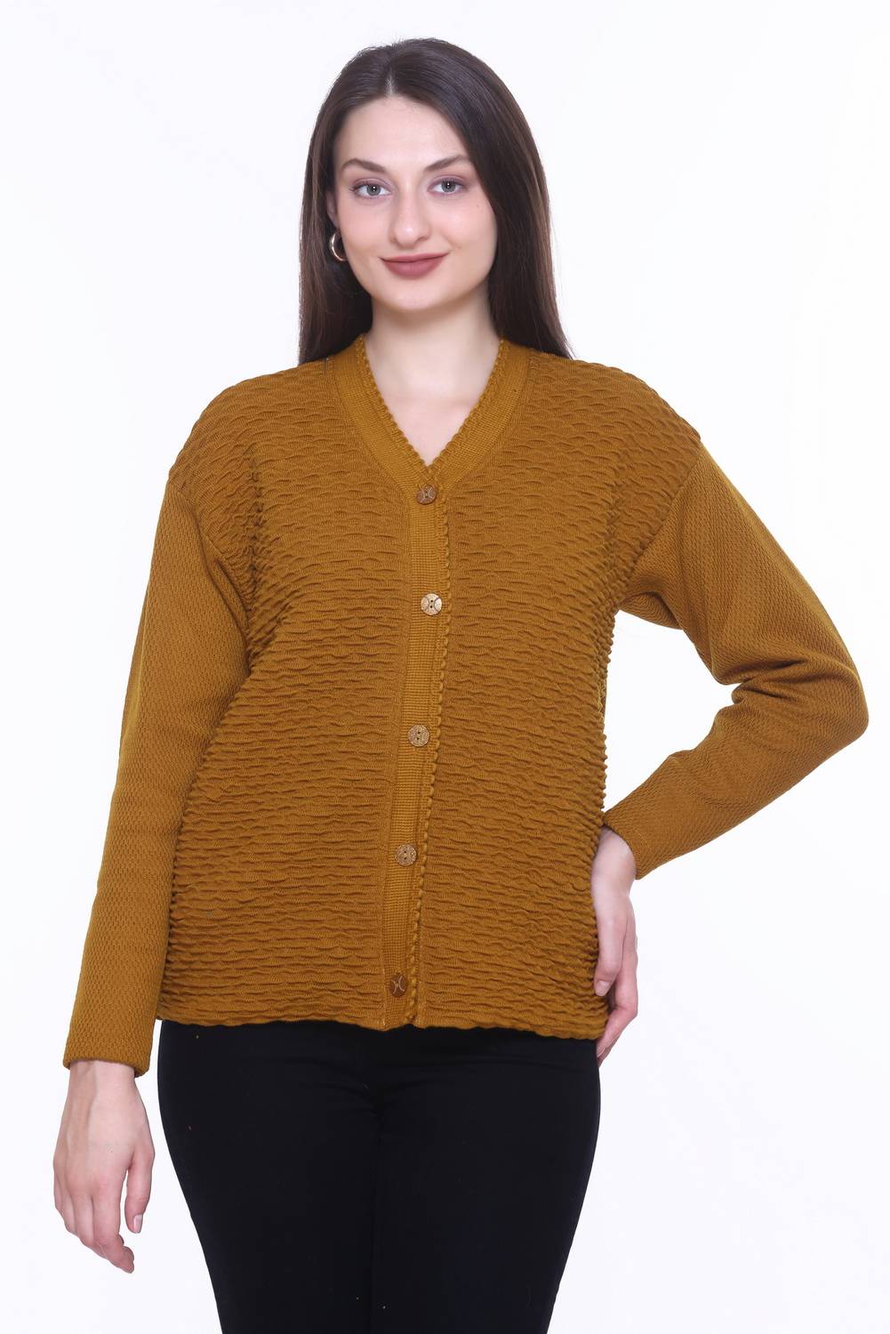 Basis Self Design V Neck Casual Women Brown Sweater