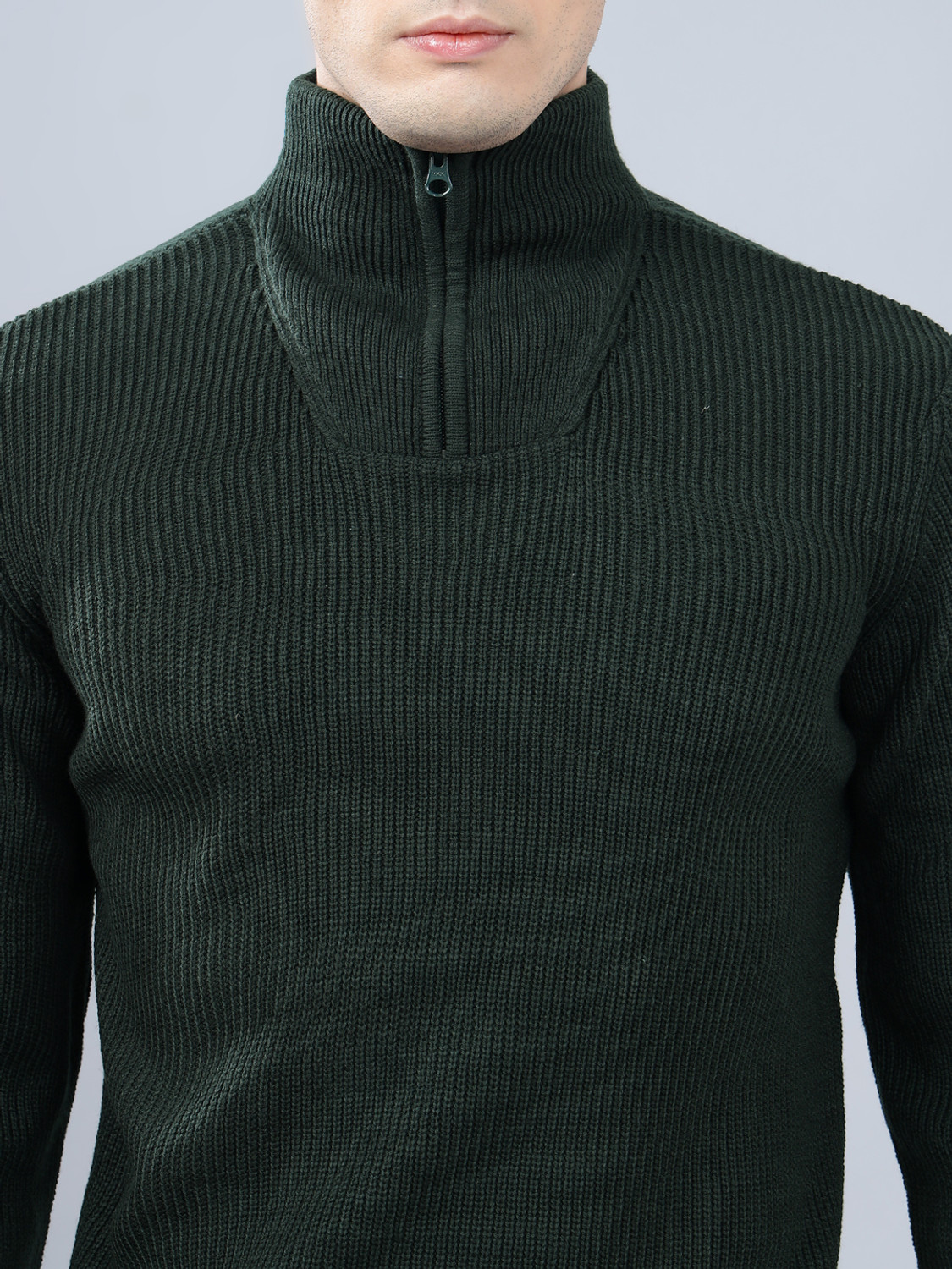 Image of CANTABIL Men Solid Mandarin Neck Dark Green Sweater