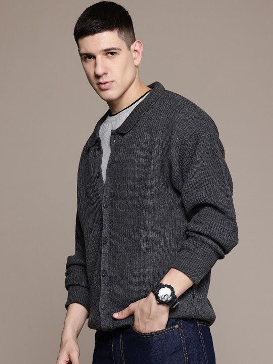 Image of Roadster Self Design Cowl Neck Casual Men Black Sweater