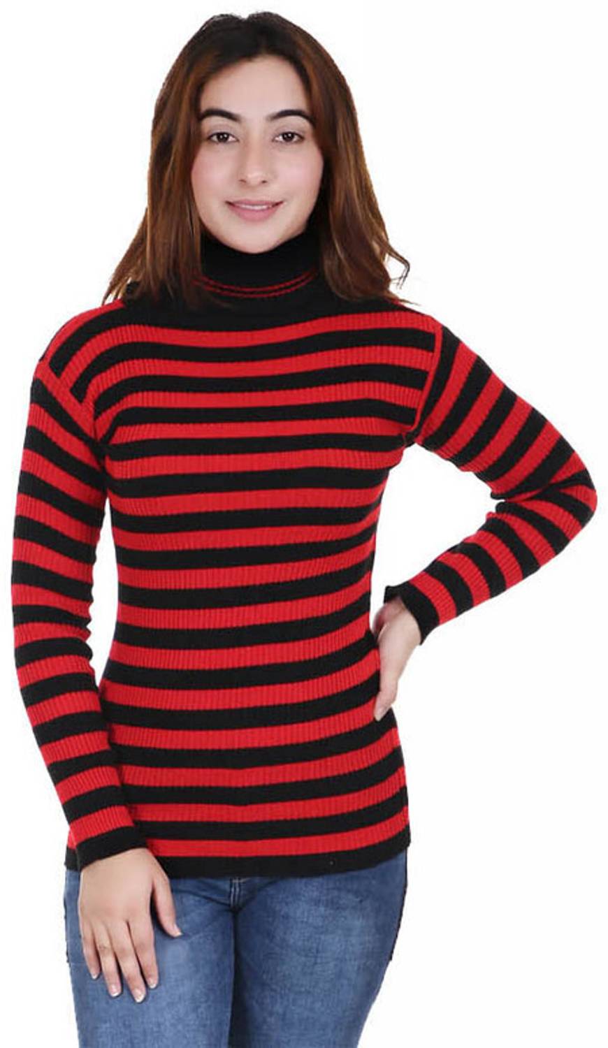 100LUCK Striped High Neck Casual Women Multicolor Sweater