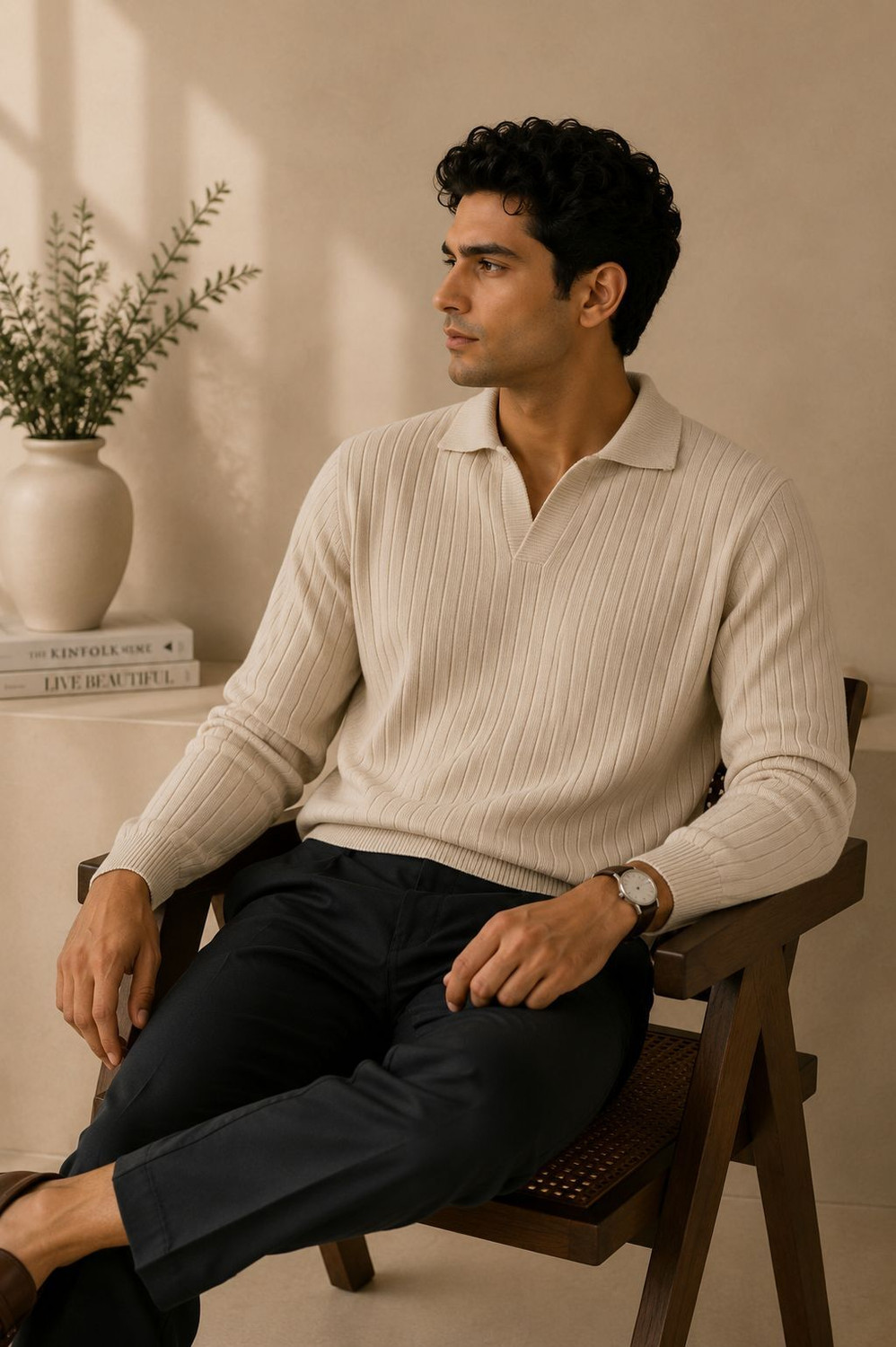 Image of KaramKar Self Design Collared Neck Casual Men Beige Sweater