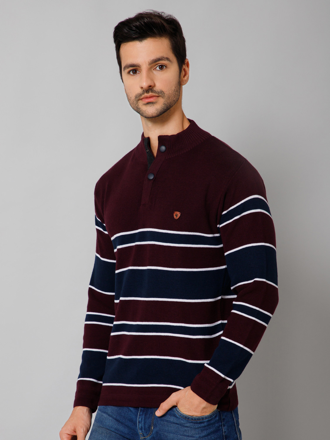 Image of CANTABIL Men Striped Collared Neck Maroon Sweater