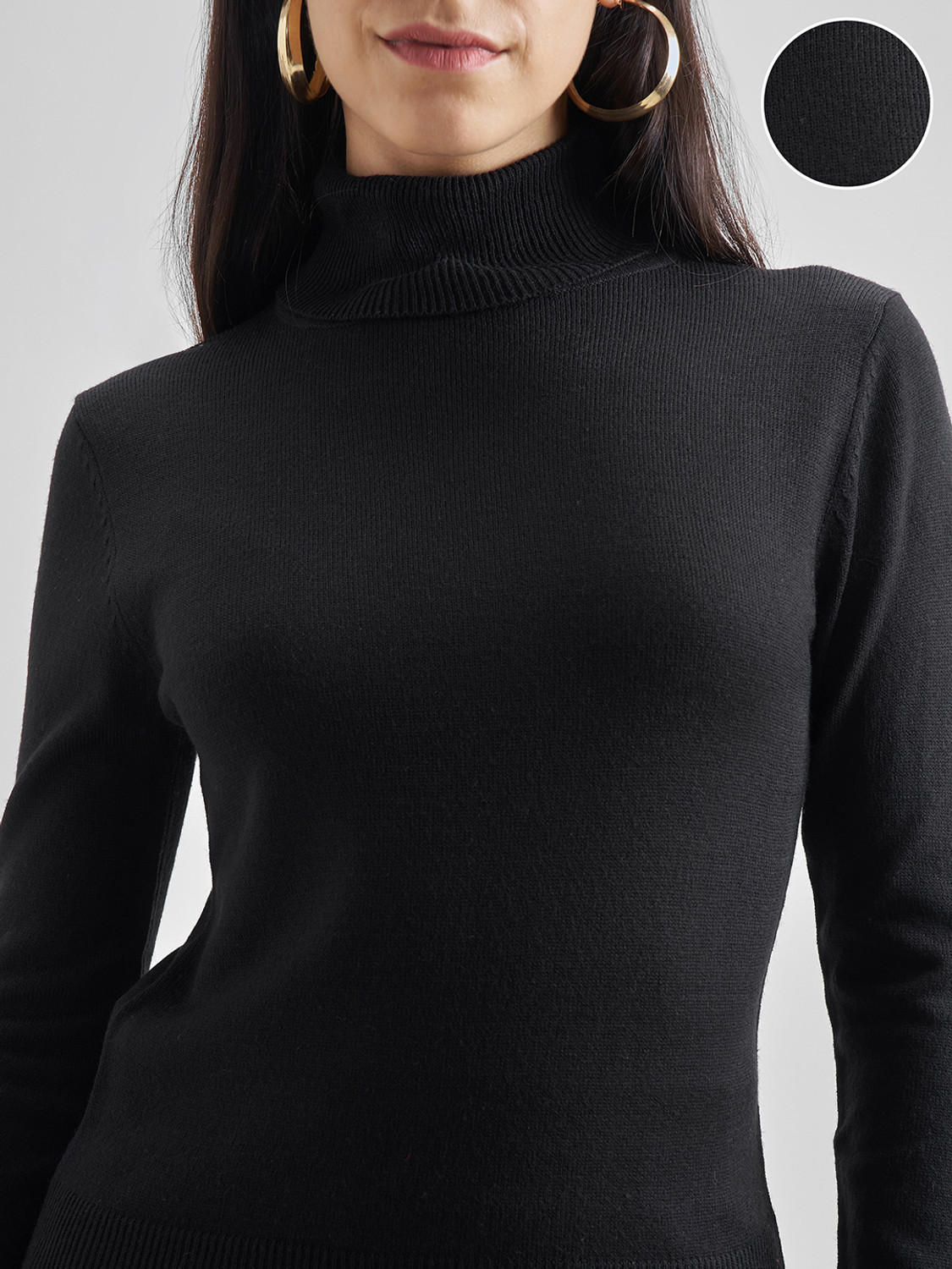 Image of Tokyo Talkies Solid High Neck Casual Women Black Sweater