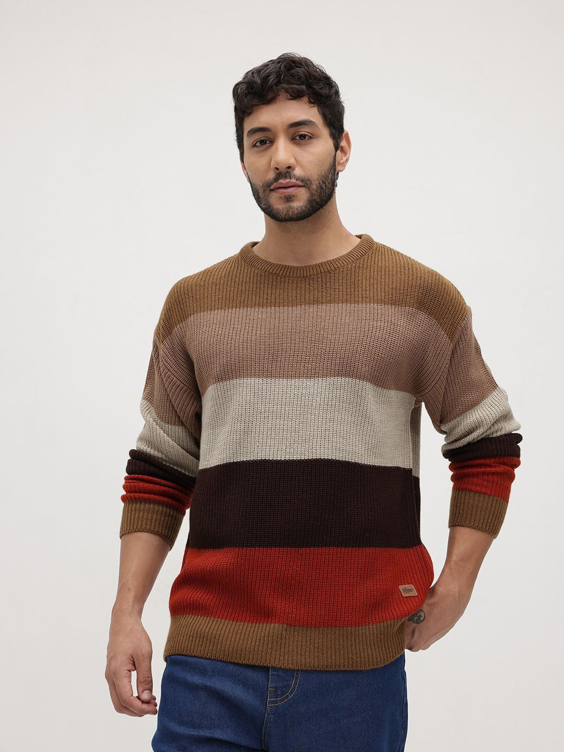 Image of Roadster Striped Round Neck Casual Men Brown Sweater