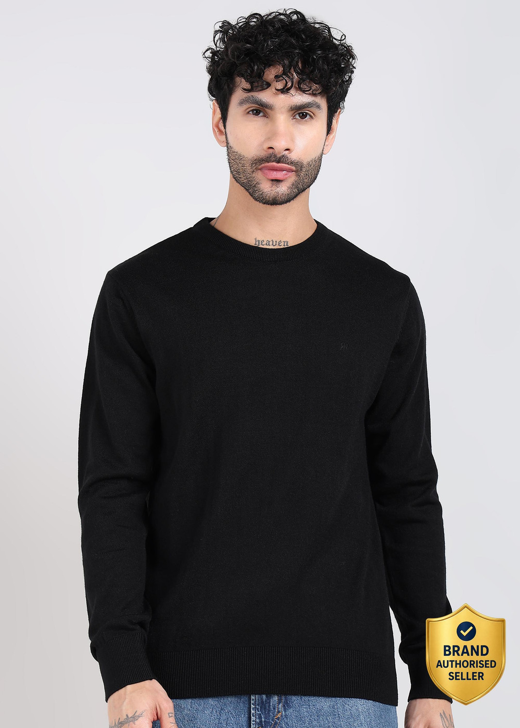 Image of Raymond Solid Crew Neck Casual Men Black Sweater