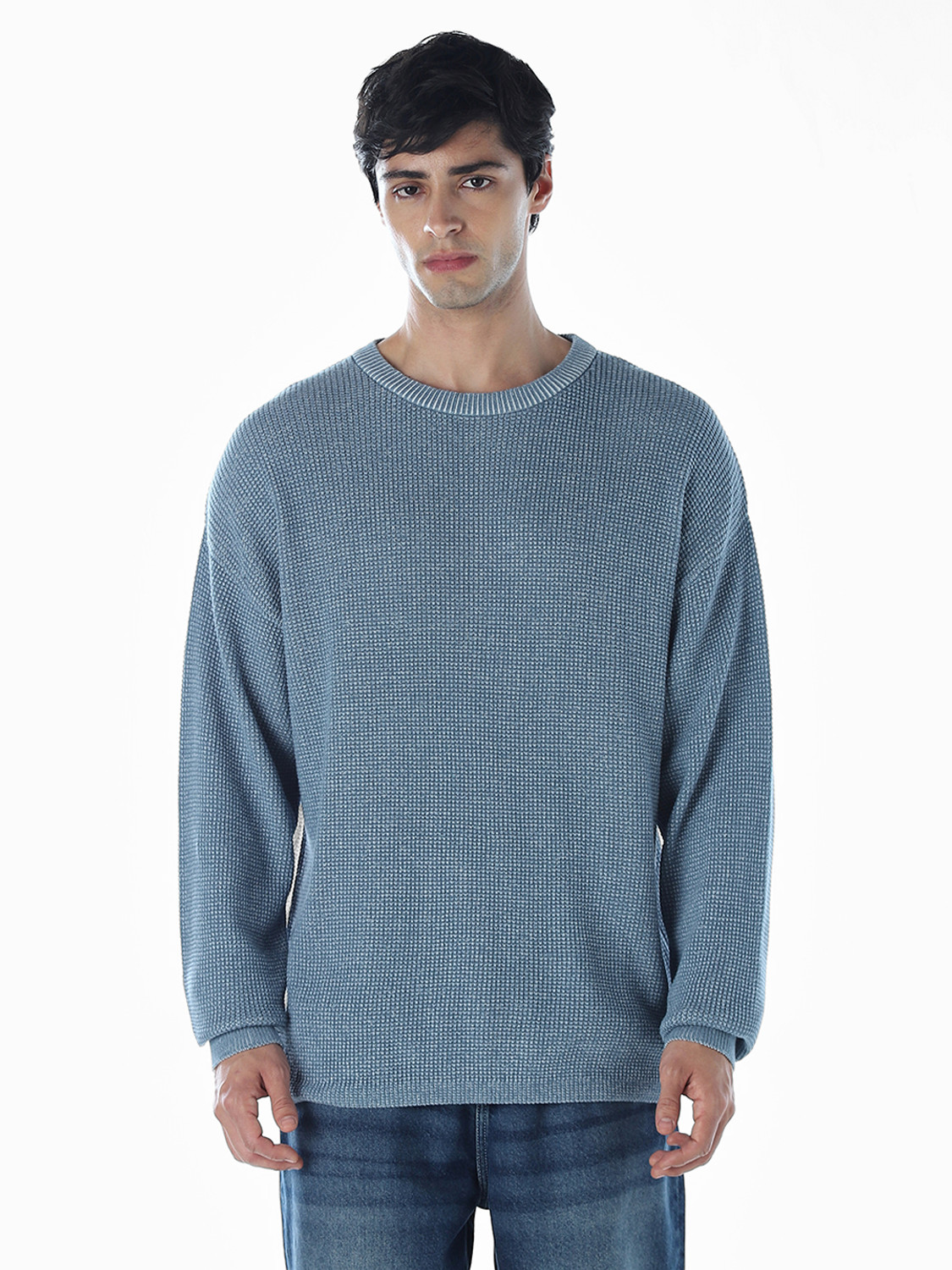 Image of JACK & JONES Solid Crew Neck Casual Men Blue Sweater