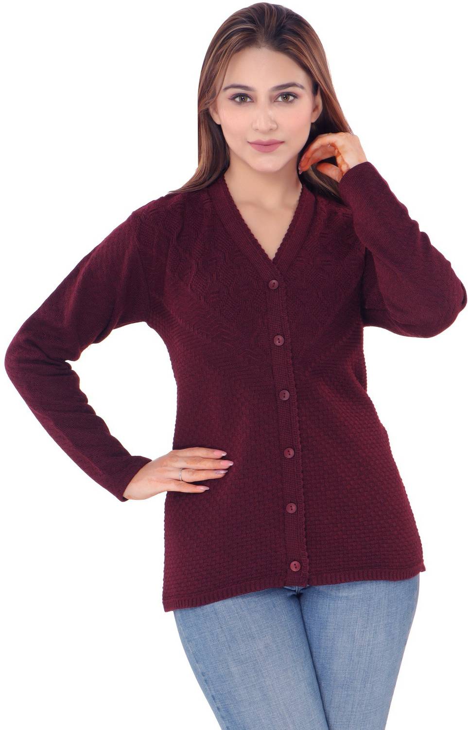 aarbee Woven V Neck Casual Women Maroon Sweater