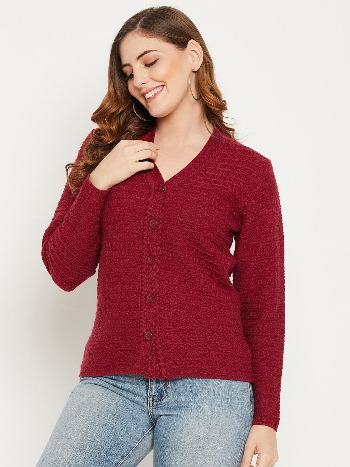 Image of Zigo Self Design V Neck Casual Women Maroon Sweater