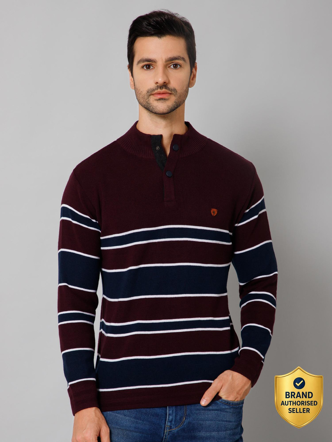 Image of CANTABIL Men Striped Collared Neck Maroon Sweater