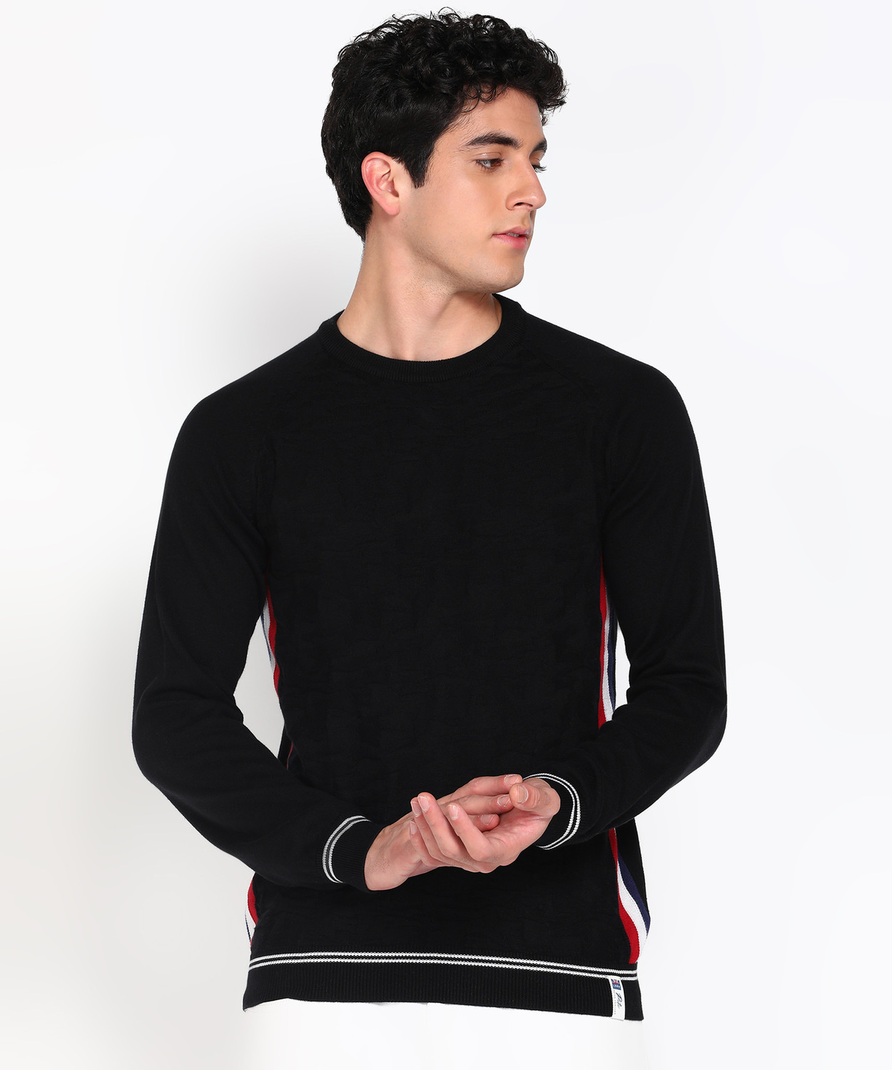 Image of PETER ENGLAND Men Solid Crew Neck Black Sweater