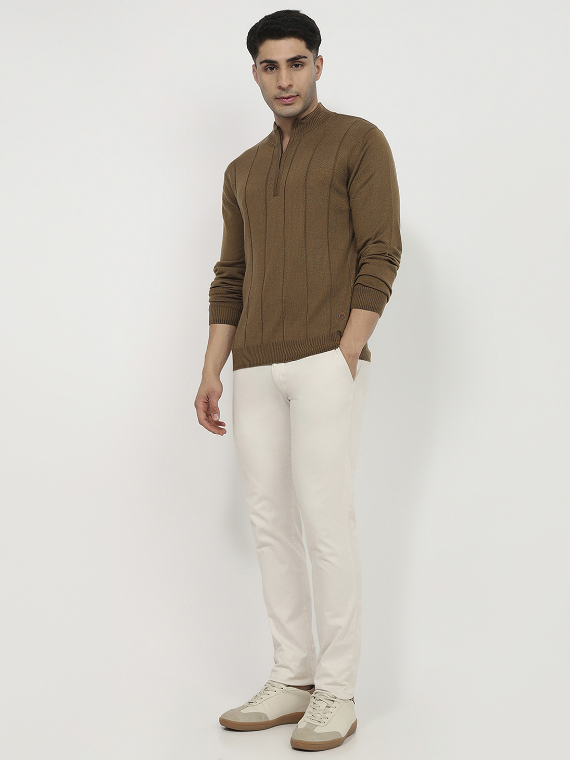 Image of Raymond Solid Collared Neck Casual Men Beige Sweater