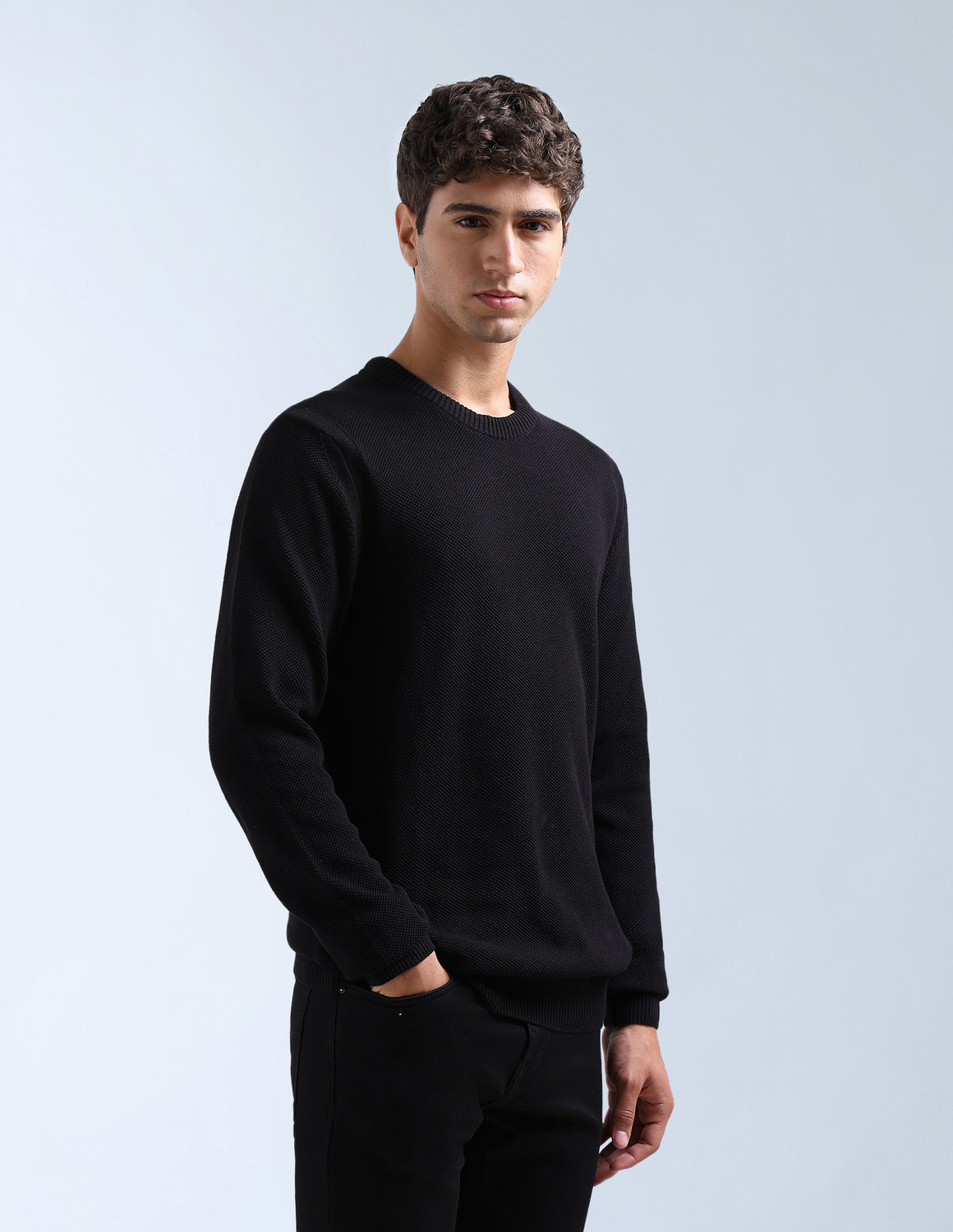 Image of FLYING MACHINE Men Self Design Crew Neck Black Sweater