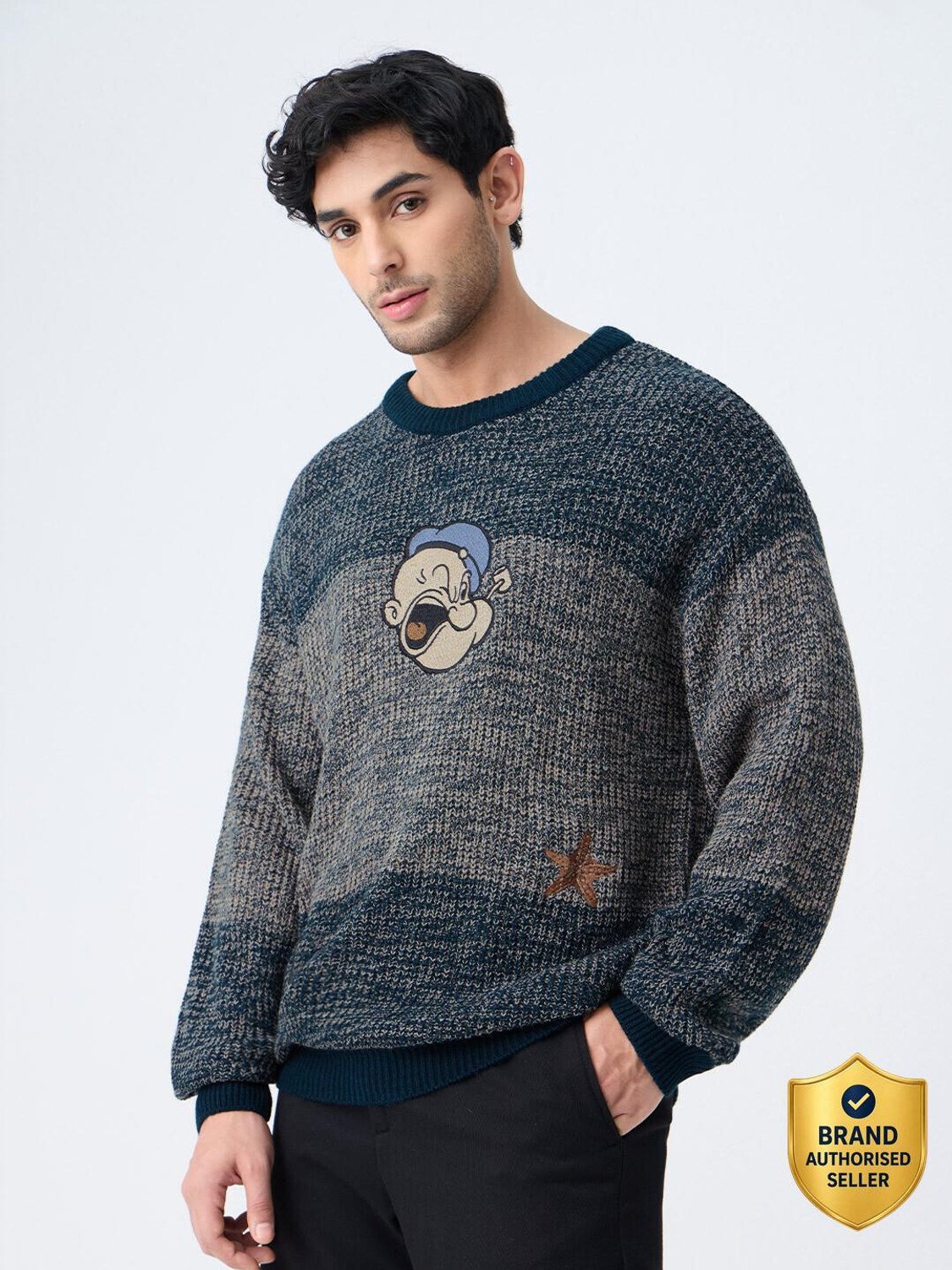 Image of The Souled Store Men Applique Round Neck Dark Blue Sweater