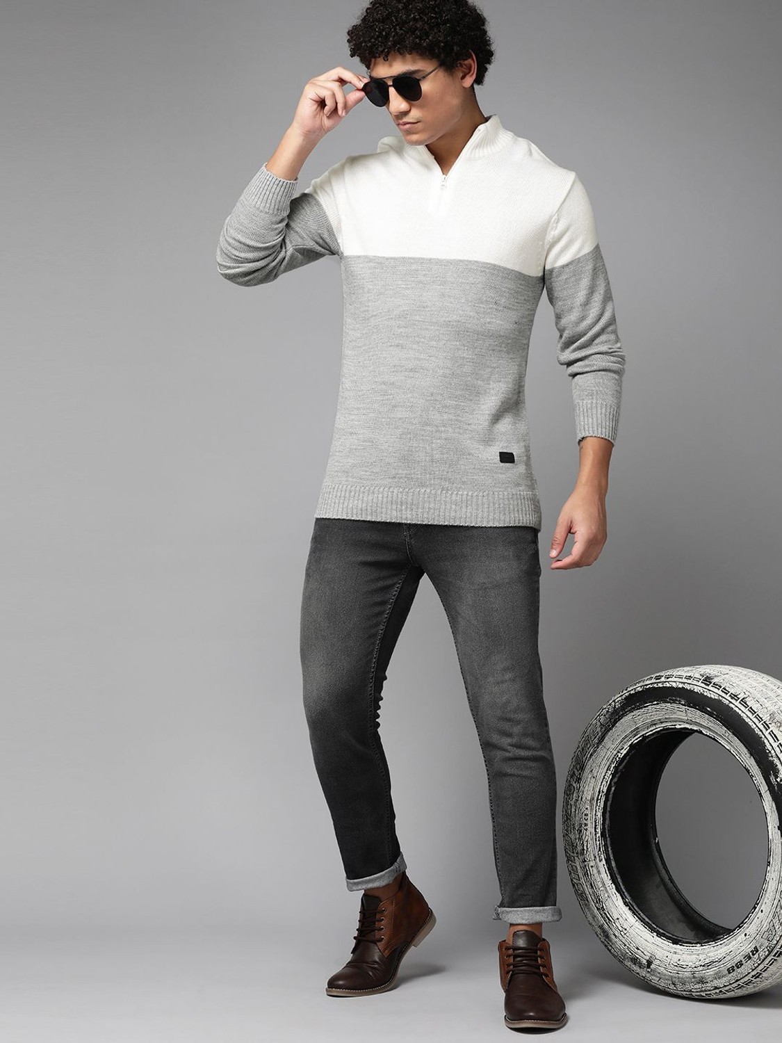 Image of Roadster Men Colorblock High Neck Grey Sweater