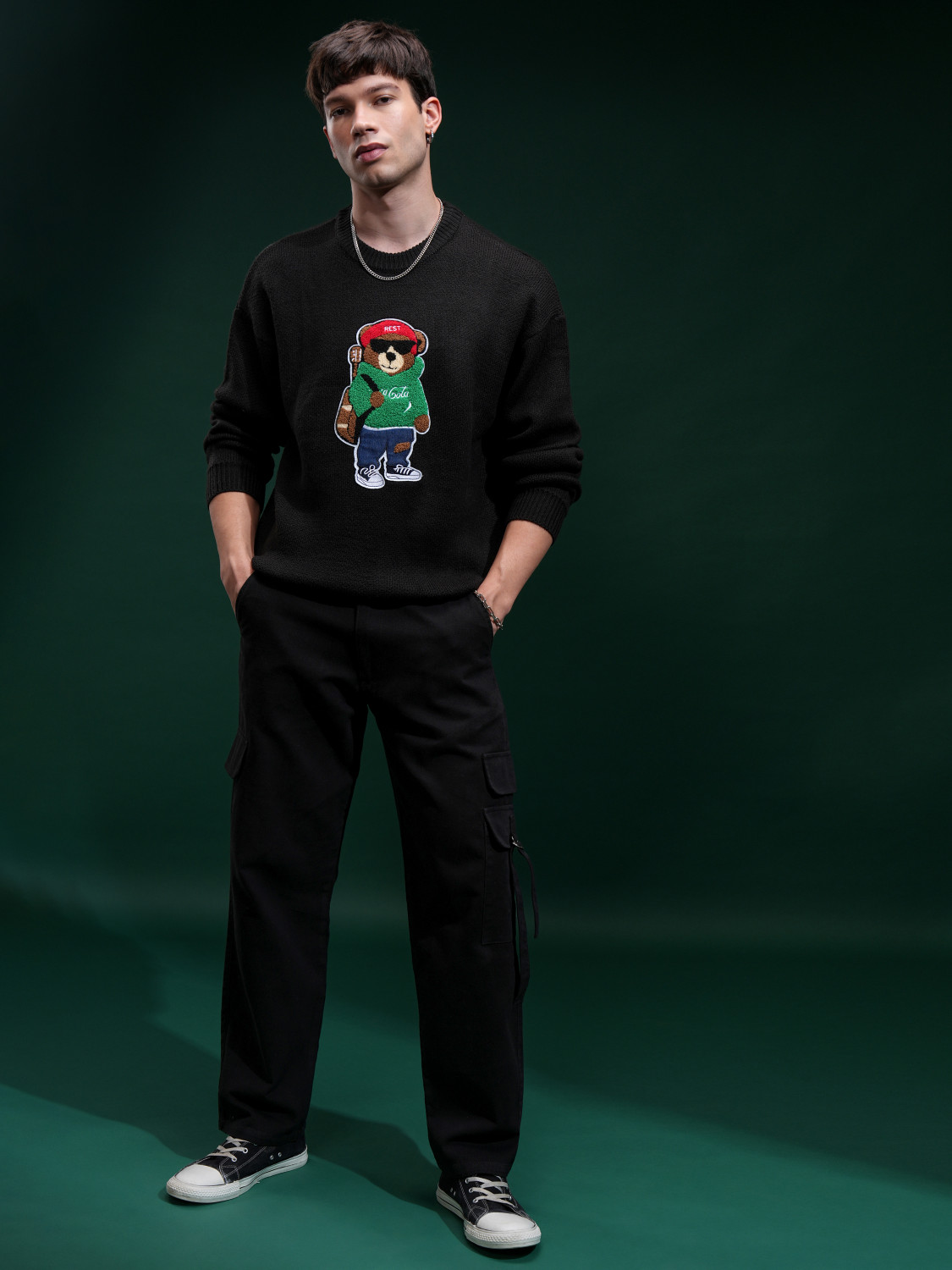 Image of HIGHLANDER Self Design Round Neck Casual Men Black Sweater