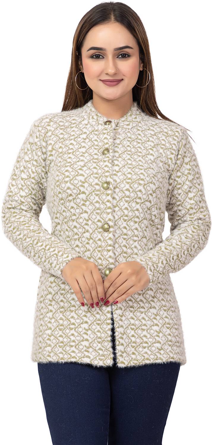 Aphrodite Polka Print Mandarin Neck Casual Women Green Sweater