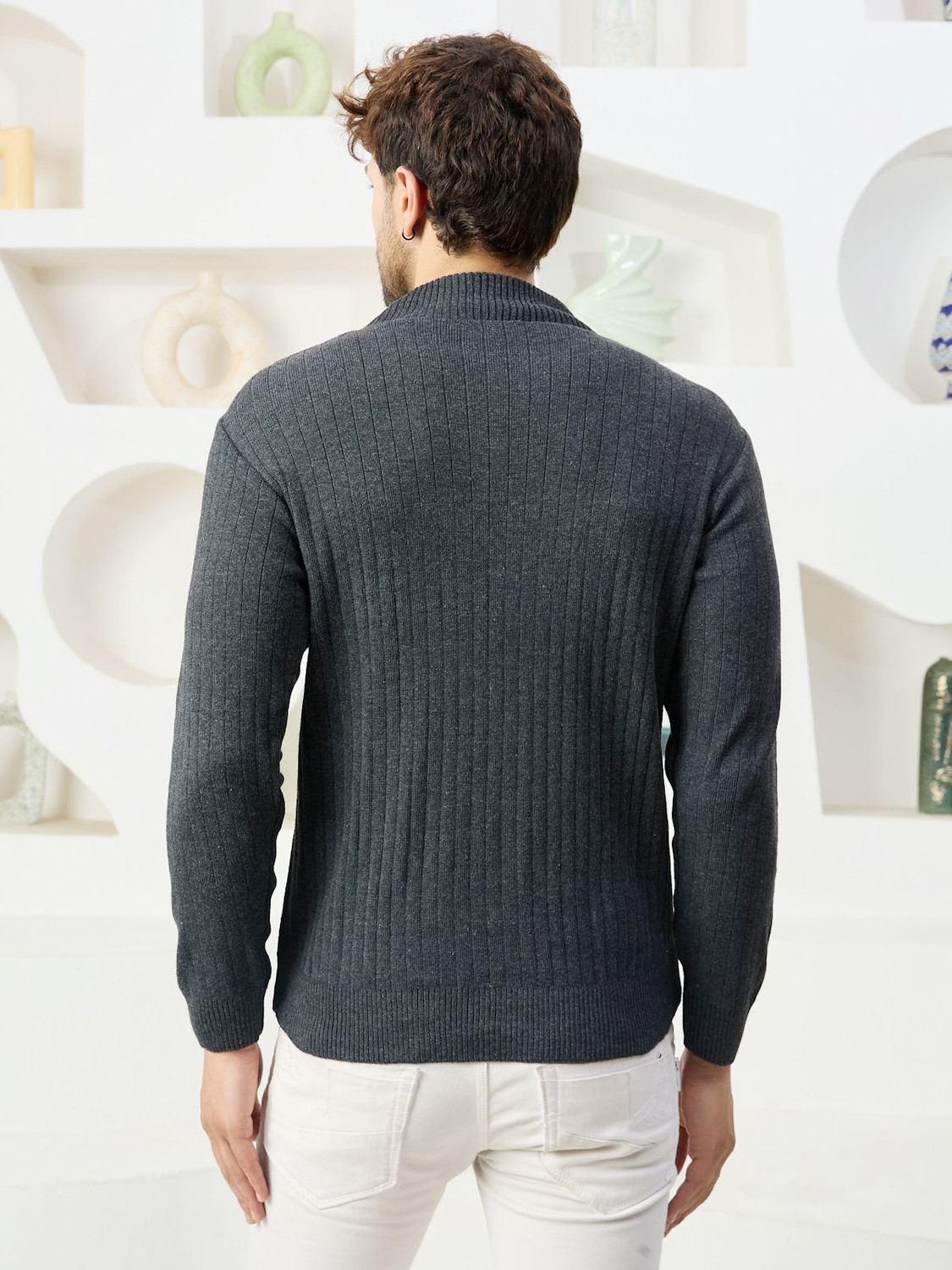Image of KaramKar Self Design High Neck Casual Men Grey Sweater
