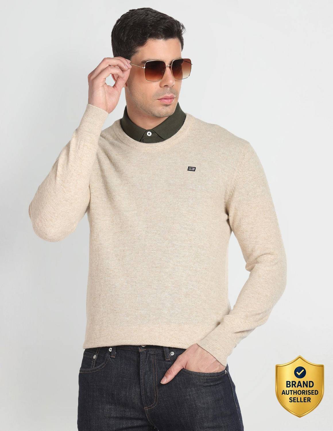 Arrow Sport Self Design Crew Neck Casual Men White Sweater