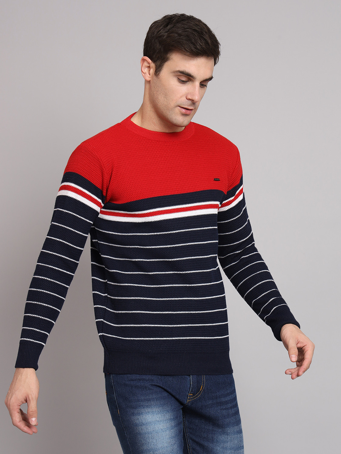 Image of eWools Striped Round Neck Casual Men Red Sweater