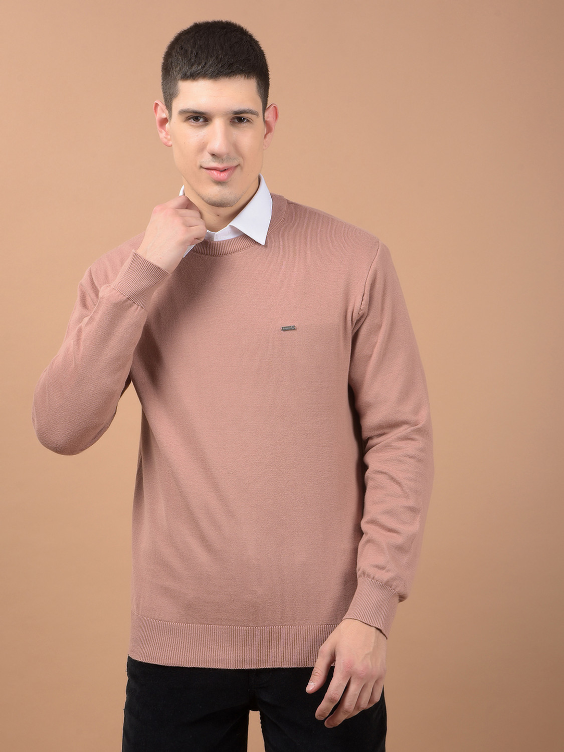 Image of CANTABIL Solid Round Neck Casual Men Pink Sweater