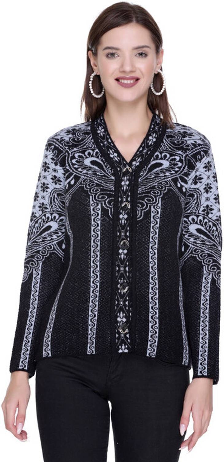 ENOV Printed V Neck Casual Women Grey, Black Sweater