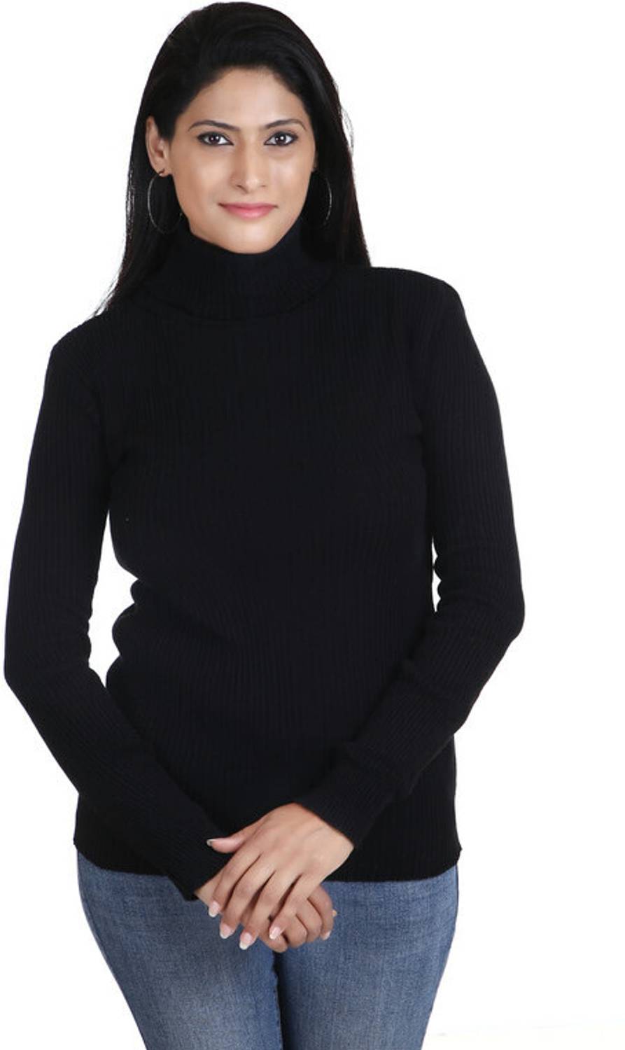 ONETARA Solid High Neck Party Women Black Sweater