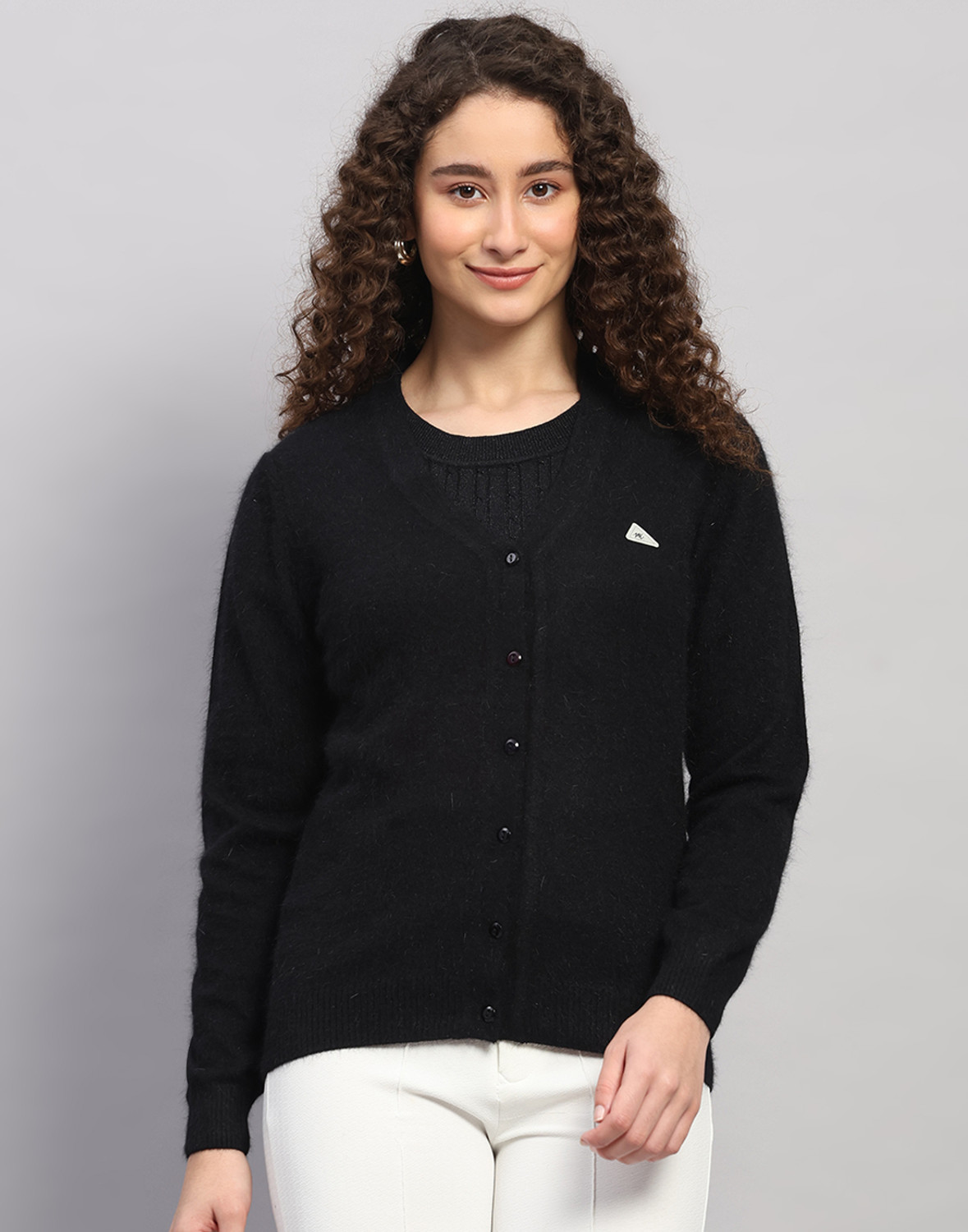 Image of MONTE CARLO Solid V Neck Casual Women Black Sweater