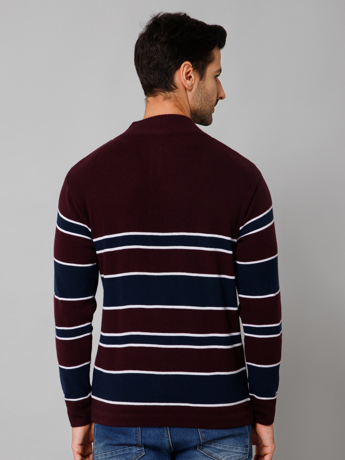 Image of CANTABIL Men Striped Collared Neck Maroon Sweater